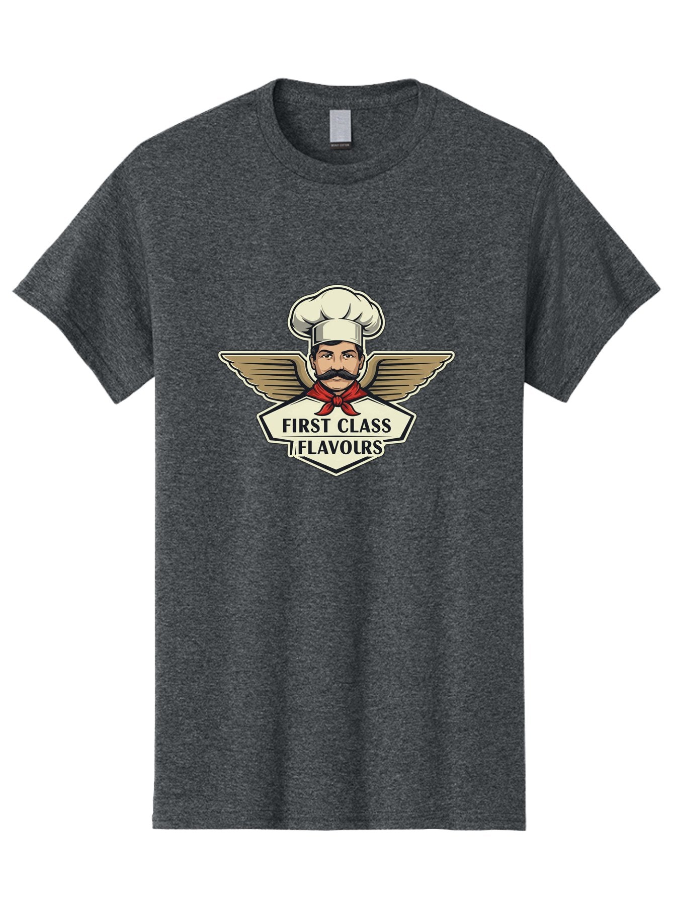 First-Class-Flavours Men'S Graphic Tee, 100% Cotton, Comfortable Casual Summer Wear, Machine Washable, Chef With Wings, Gourmet Cuisine, Fine Dining, Chef'S Hat, Red Neckerchief, Mustache, Luxurious Food, High-End Flavors, Culinary Excellence Bad095 14