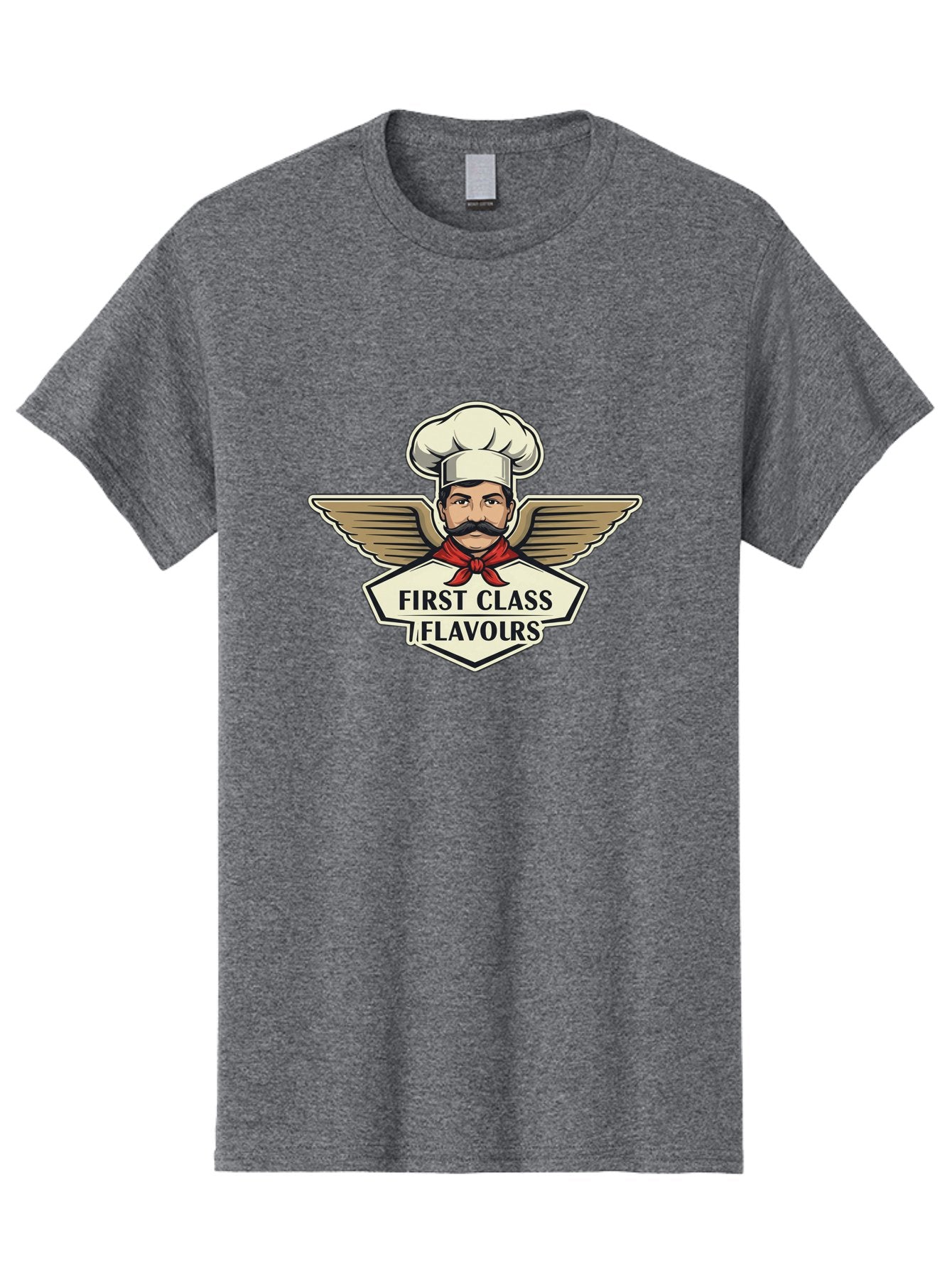 First-Class-Flavours Men'S Graphic Tee, 100% Cotton, Comfortable Casual Summer Wear, Machine Washable, Chef With Wings, Gourmet Cuisine, Fine Dining, Chef'S Hat, Red Neckerchief, Mustache, Luxurious Food, High-End Flavors, Culinary Excellence Bad095 10
