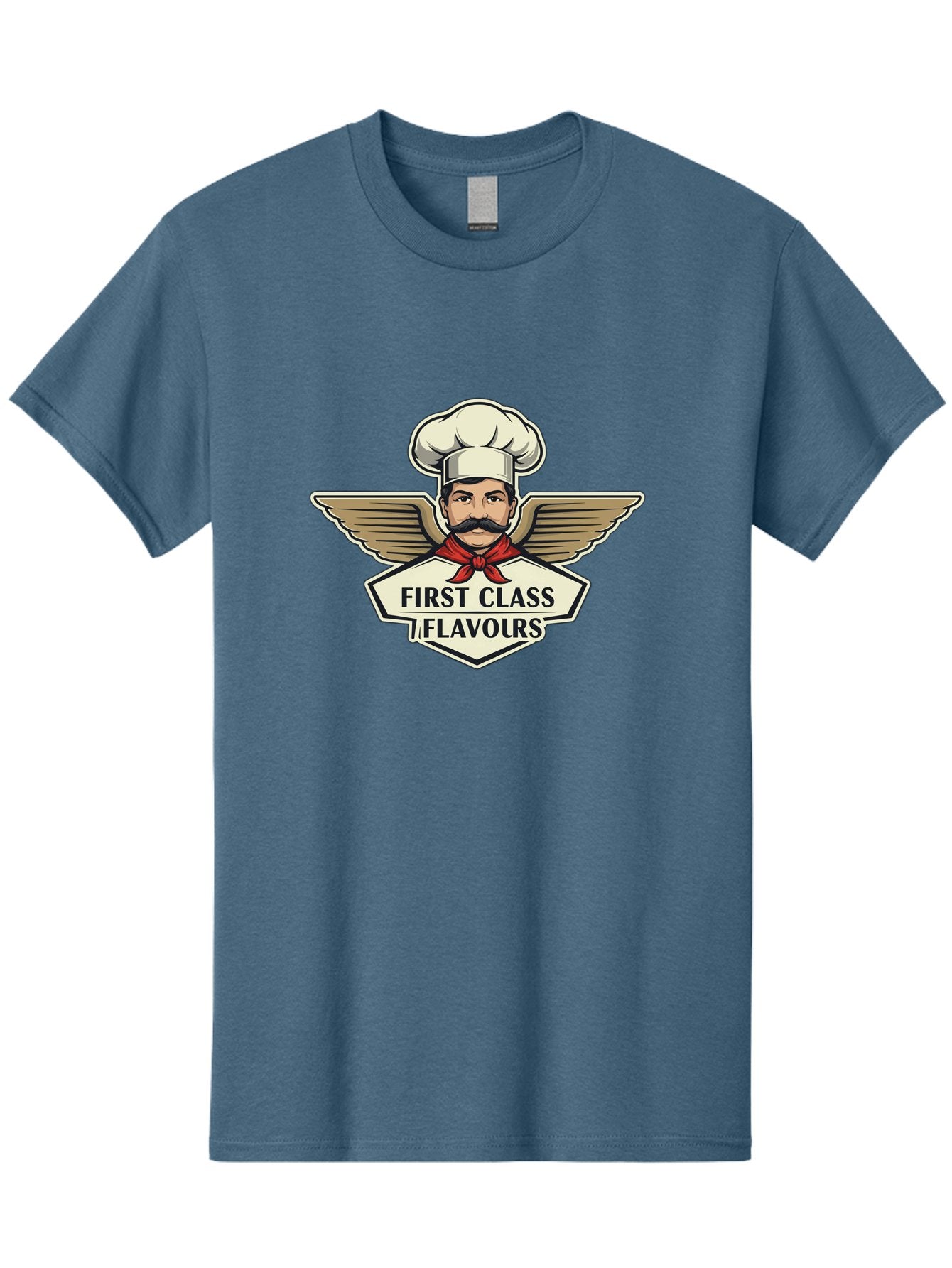 First-Class-Flavours Men'S Graphic Tee, 100% Cotton, Comfortable Casual Summer Wear, Machine Washable, Chef With Wings, Gourmet Cuisine, Fine Dining, Chef'S Hat, Red Neckerchief, Mustache, Luxurious Food, High-End Flavors, Culinary Excellence Bad095 6