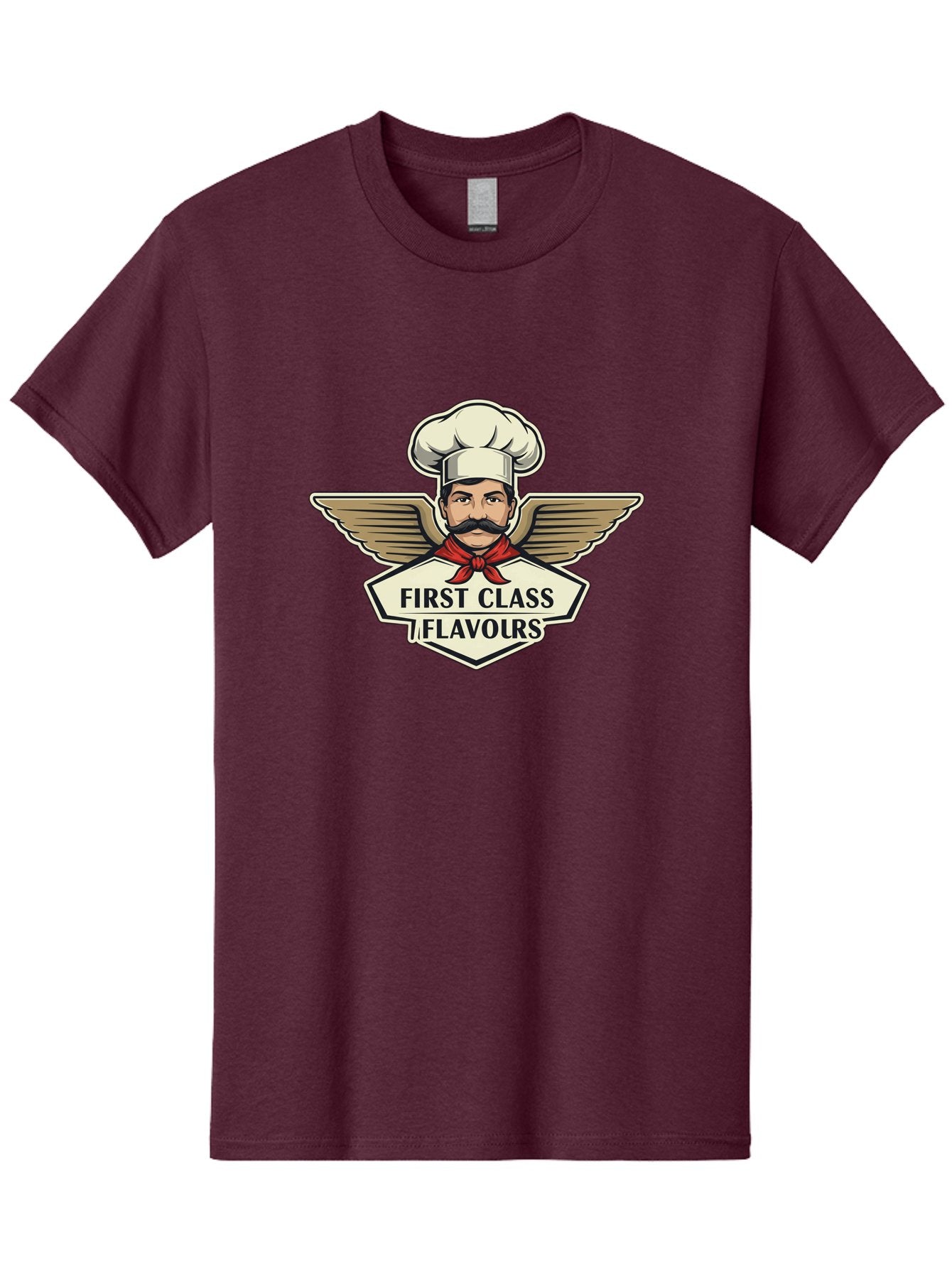 First-Class-Flavours Men'S Graphic Tee, 100% Cotton, Comfortable Casual Summer Wear, Machine Washable, Chef With Wings, Gourmet Cuisine, Fine Dining, Chef'S Hat, Red Neckerchief, Mustache, Luxurious Food, High-End Flavors, Culinary Excellence Bad095