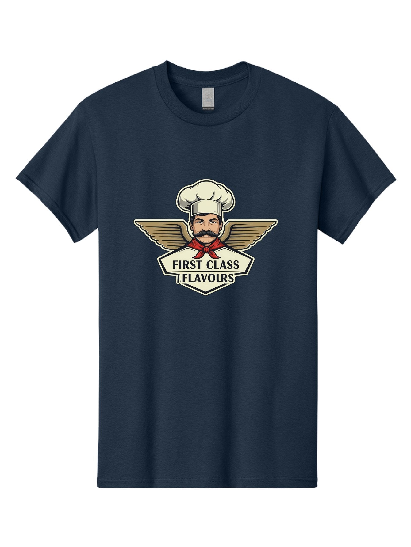 First-Class-Flavours Men'S Graphic Tee, 100% Cotton, Comfortable Casual Summer Wear, Machine Washable, Chef With Wings, Gourmet Cuisine, Fine Dining, Chef'S Hat, Red Neckerchief, Mustache, Luxurious Food, High-End Flavors, Culinary Excellence Bad095
