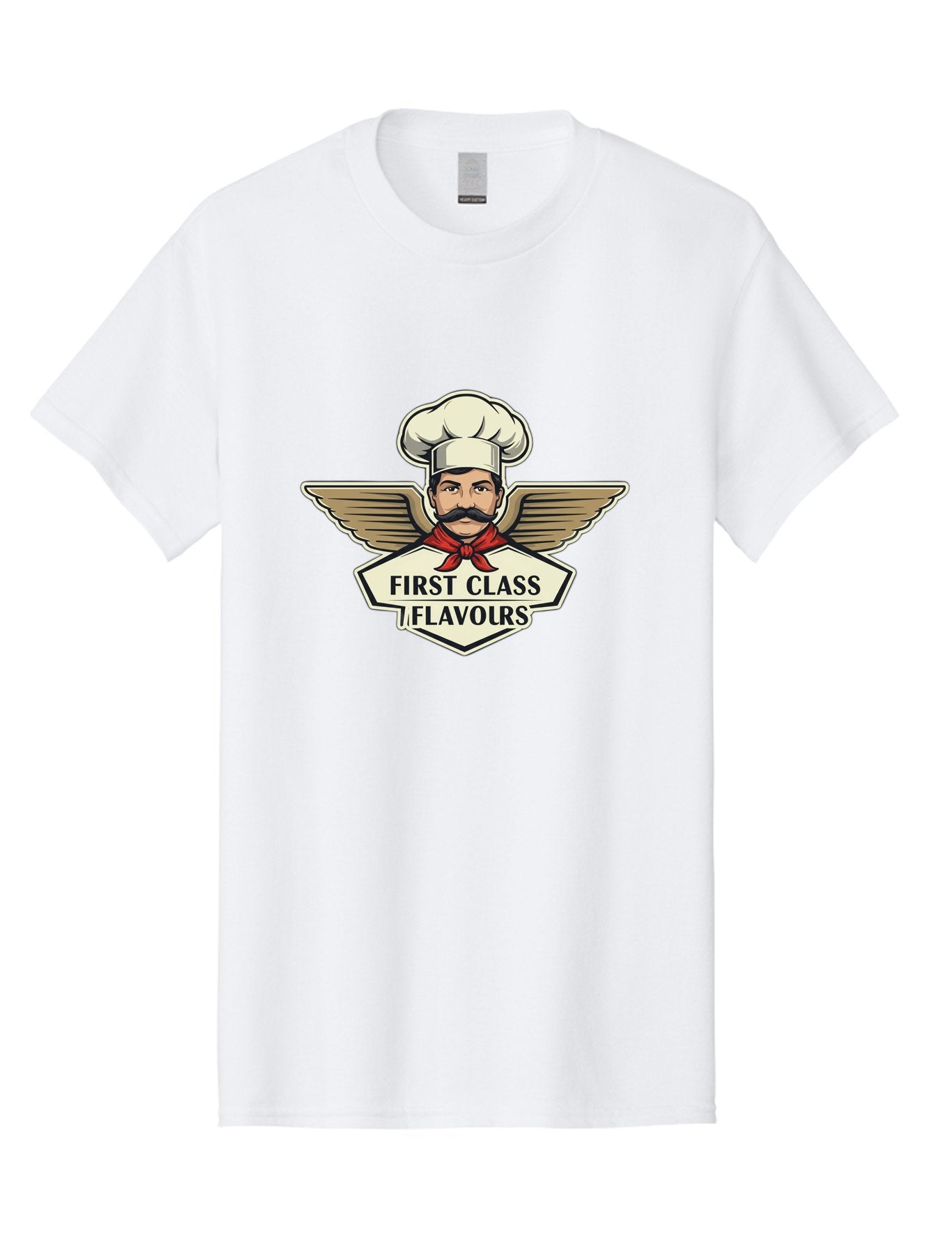 First-Class-Flavours Men'S Graphic Tee, 100% Cotton, Comfortable Casual Summer Wear, Machine Washable, Chef With Wings, Gourmet Cuisine, Fine Dining, Chef'S Hat, Red Neckerchief, Mustache, Luxurious Food, High-End Flavors, Culinary Excellence Bad095 5