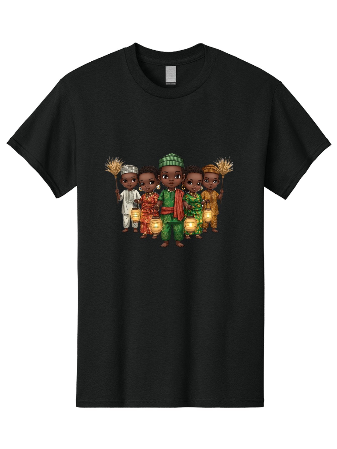 Five-Children Men'S Graphic Tee, 100% Cotton, Comfortable Casual Summer Wear, Machine Washable, Children In Traditional Attire, Cultural Heritage, African Fashion, Lanterns, Fans, Youthful Energy, Vibrant Colors, Traditional Clothing, Bad098 10