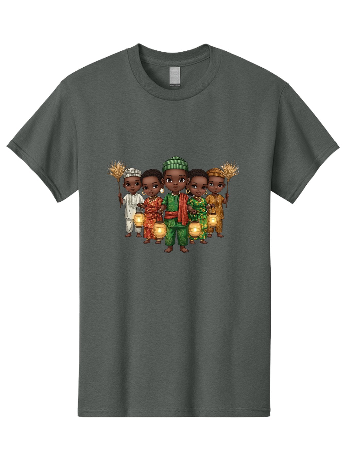 Five-Children Men'S Graphic Tee, 100% Cotton, Comfortable Casual Summer Wear, Machine Washable, Children In Traditional Attire, Cultural Heritage, African Fashion, Lanterns, Fans, Youthful Energy, Vibrant Colors, Traditional Clothing, Bad098 7