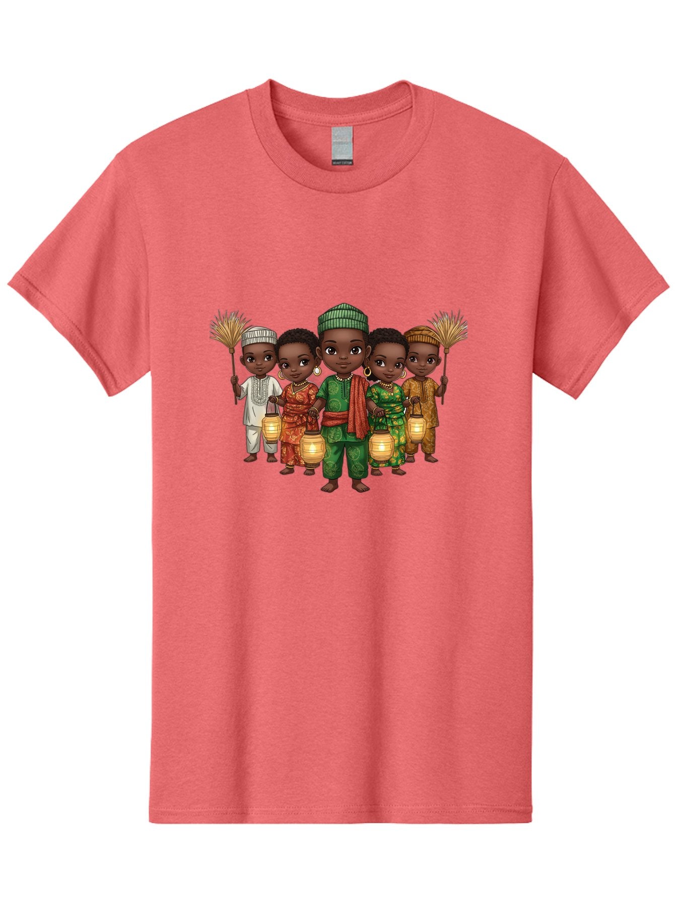 Five-Children Men'S Graphic Tee, 100% Cotton, Comfortable Casual Summer Wear, Machine Washable, Children In Traditional Attire, Cultural Heritage, African Fashion, Lanterns, Fans, Youthful Energy, Vibrant Colors, Traditional Clothing, Bad098 13