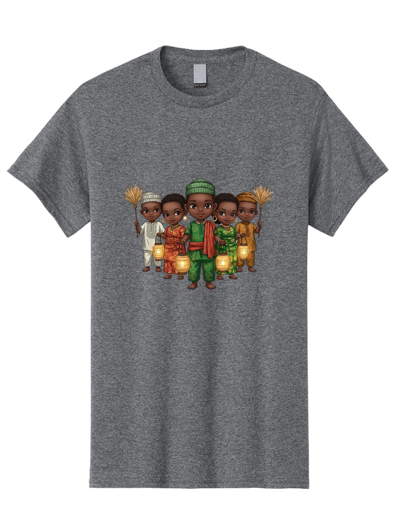 Five-Children Men'S Graphic Tee, 100% Cotton, Comfortable Casual Summer Wear, Machine Washable, Children In Traditional Attire, Cultural Heritage, African Fashion, Lanterns, Fans, Youthful Energy, Vibrant Colors, Traditional Clothing, Bad098 5