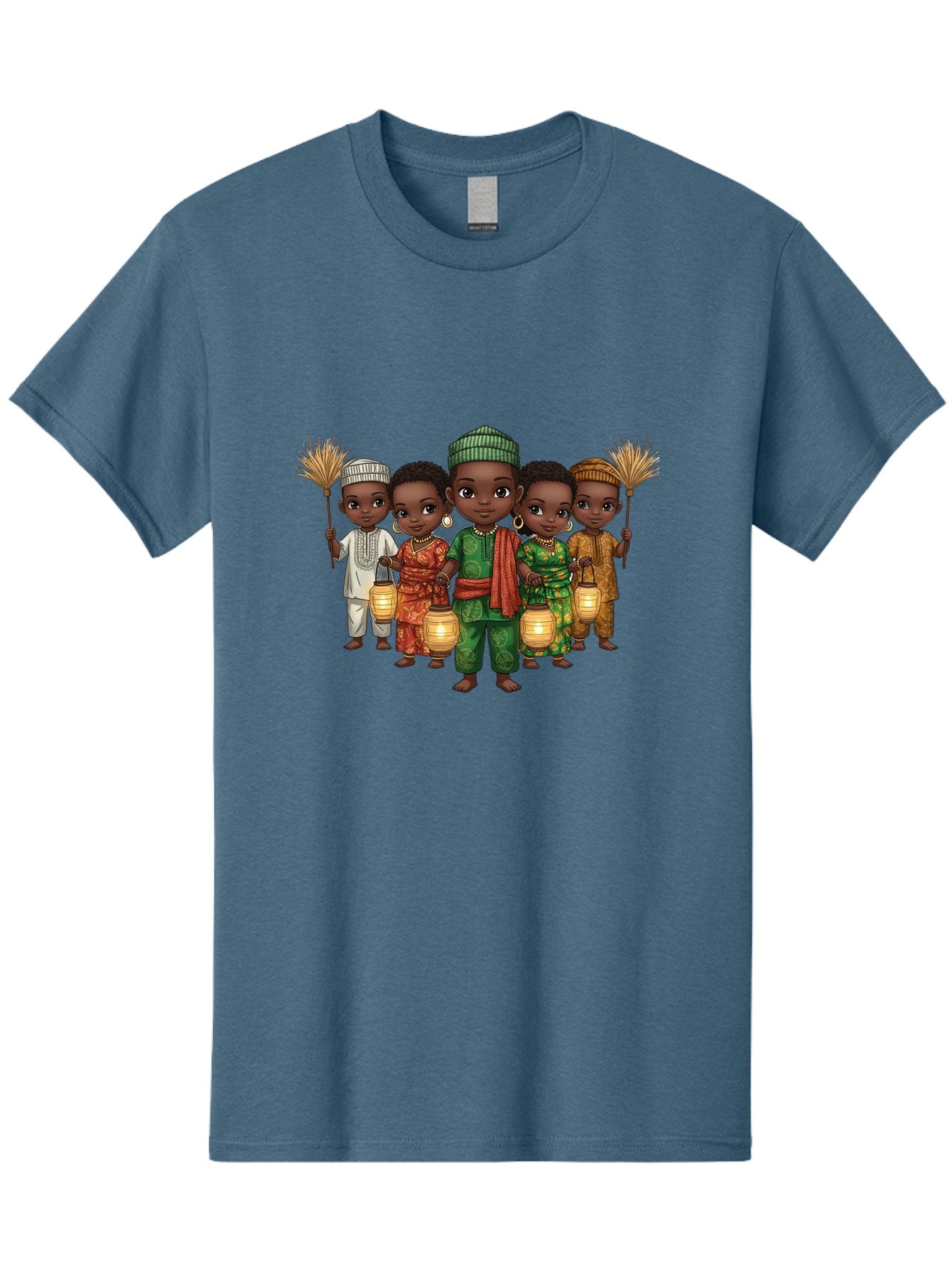 Five-Children Men'S Graphic Tee, 100% Cotton, Comfortable Casual Summer Wear, Machine Washable, Children In Traditional Attire, Cultural Heritage, African Fashion, Lanterns, Fans, Youthful Energy, Vibrant Colors, Traditional Clothing, Bad098 8