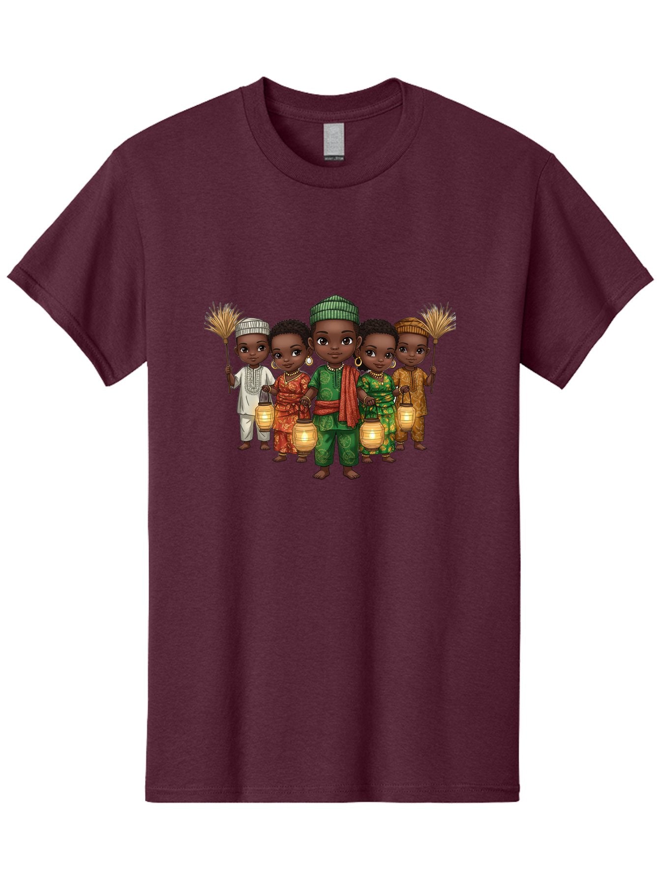 Five-Children Men'S Graphic Tee, 100% Cotton, Comfortable Casual Summer Wear, Machine Washable, Children In Traditional Attire, Cultural Heritage, African Fashion, Lanterns, Fans, Youthful Energy, Vibrant Colors, Traditional Clothing, Bad098 9
