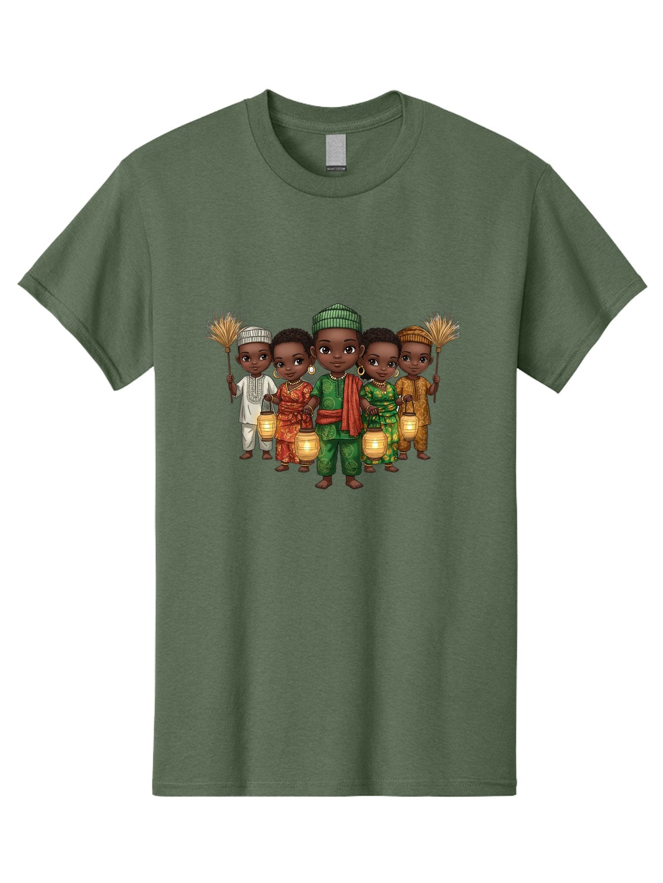 Five-Children Men'S Graphic Tee, 100% Cotton, Comfortable Casual Summer Wear, Machine Washable, Children In Traditional Attire, Cultural Heritage, African Fashion, Lanterns, Fans, Youthful Energy, Vibrant Colors, Traditional Clothing, Bad098 15