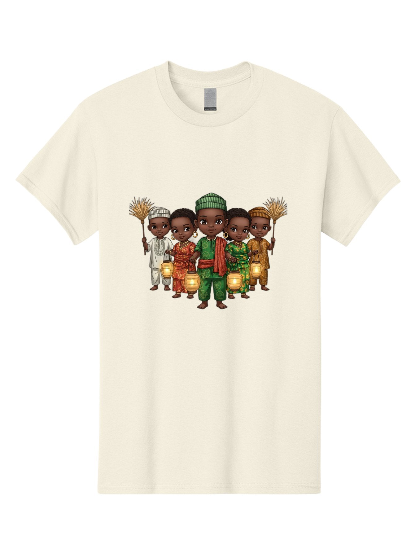 Five-Children Men'S Graphic Tee, 100% Cotton, Comfortable Casual Summer Wear, Machine Washable, Children In Traditional Attire, Cultural Heritage, African Fashion, Lanterns, Fans, Youthful Energy, Vibrant Colors, Traditional Clothing, Bad098 14