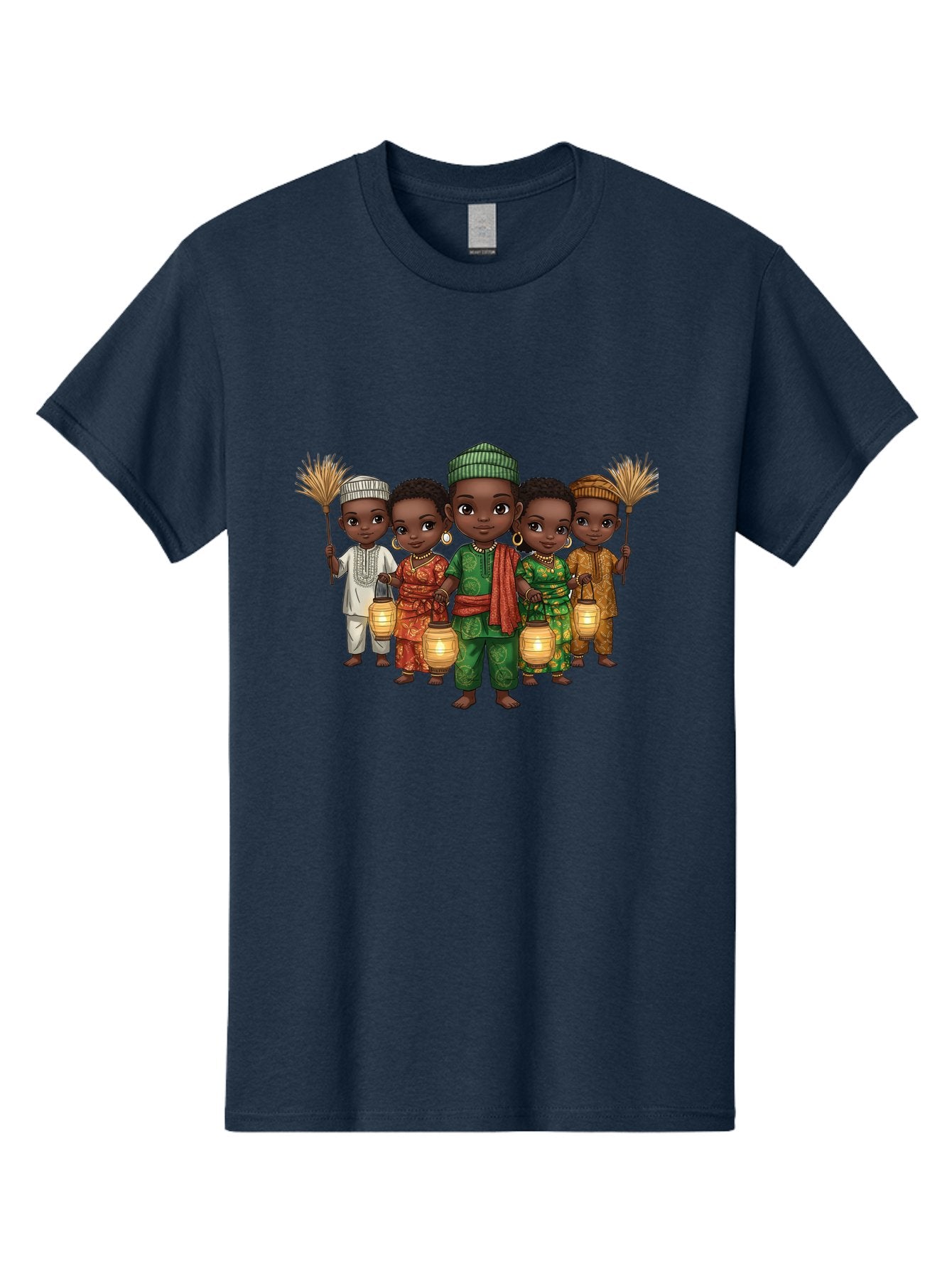 Five-Children Men'S Graphic Tee, 100% Cotton, Comfortable Casual Summer Wear, Machine Washable, Children In Traditional Attire, Cultural Heritage, African Fashion, Lanterns, Fans, Youthful Energy, Vibrant Colors, Traditional Clothing, Bad098 6