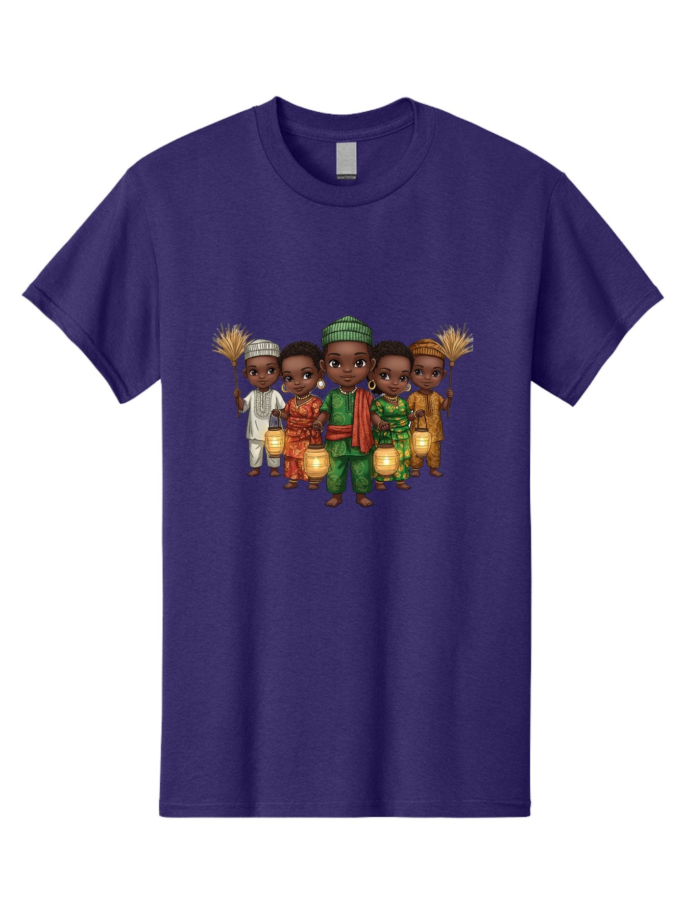 Five-Children Men'S Graphic Tee, 100% Cotton, Comfortable Casual Summer Wear, Machine Washable, Children In Traditional Attire, Cultural Heritage, African Fashion, Lanterns, Fans, Youthful Energy, Vibrant Colors, Traditional Clothing, Bad098