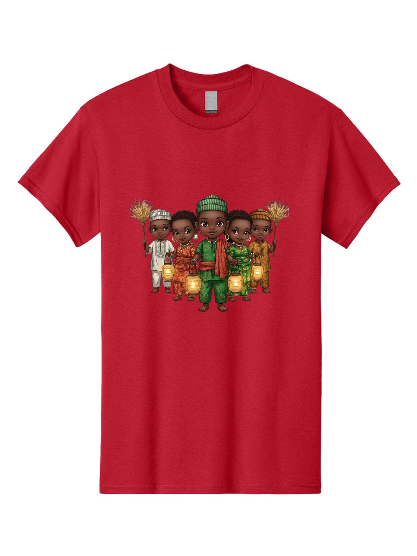 Five-Children Men'S Graphic Tee, 100% Cotton, Comfortable Casual Summer Wear, Machine Washable, Children In Traditional Attire, Cultural Heritage, African Fashion, Lanterns, Fans, Youthful Energy, Vibrant Colors, Traditional Clothing, Bad098 12