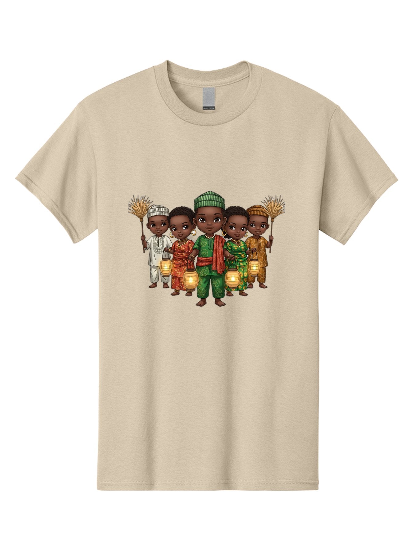 Five-Children Men'S Graphic Tee, 100% Cotton, Comfortable Casual Summer Wear, Machine Washable, Children In Traditional Attire, Cultural Heritage, African Fashion, Lanterns, Fans, Youthful Energy, Vibrant Colors, Traditional Clothing, Bad098 4