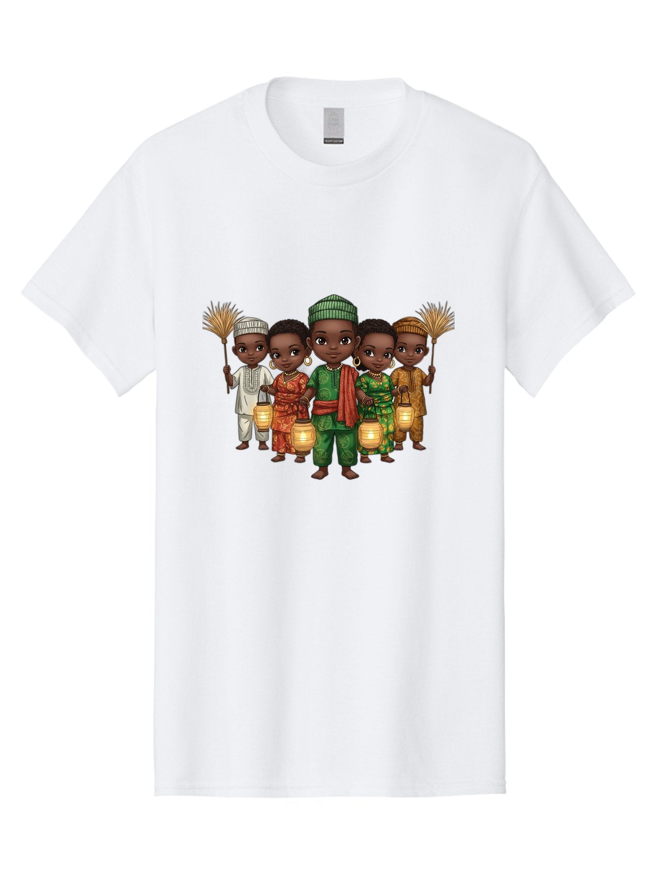 Five-Children Men'S Graphic Tee, 100% Cotton, Comfortable Casual Summer Wear, Machine Washable, Children In Traditional Attire, Cultural Heritage, African Fashion, Lanterns, Fans, Youthful Energy, Vibrant Colors, Traditional Clothing, Bad098 11