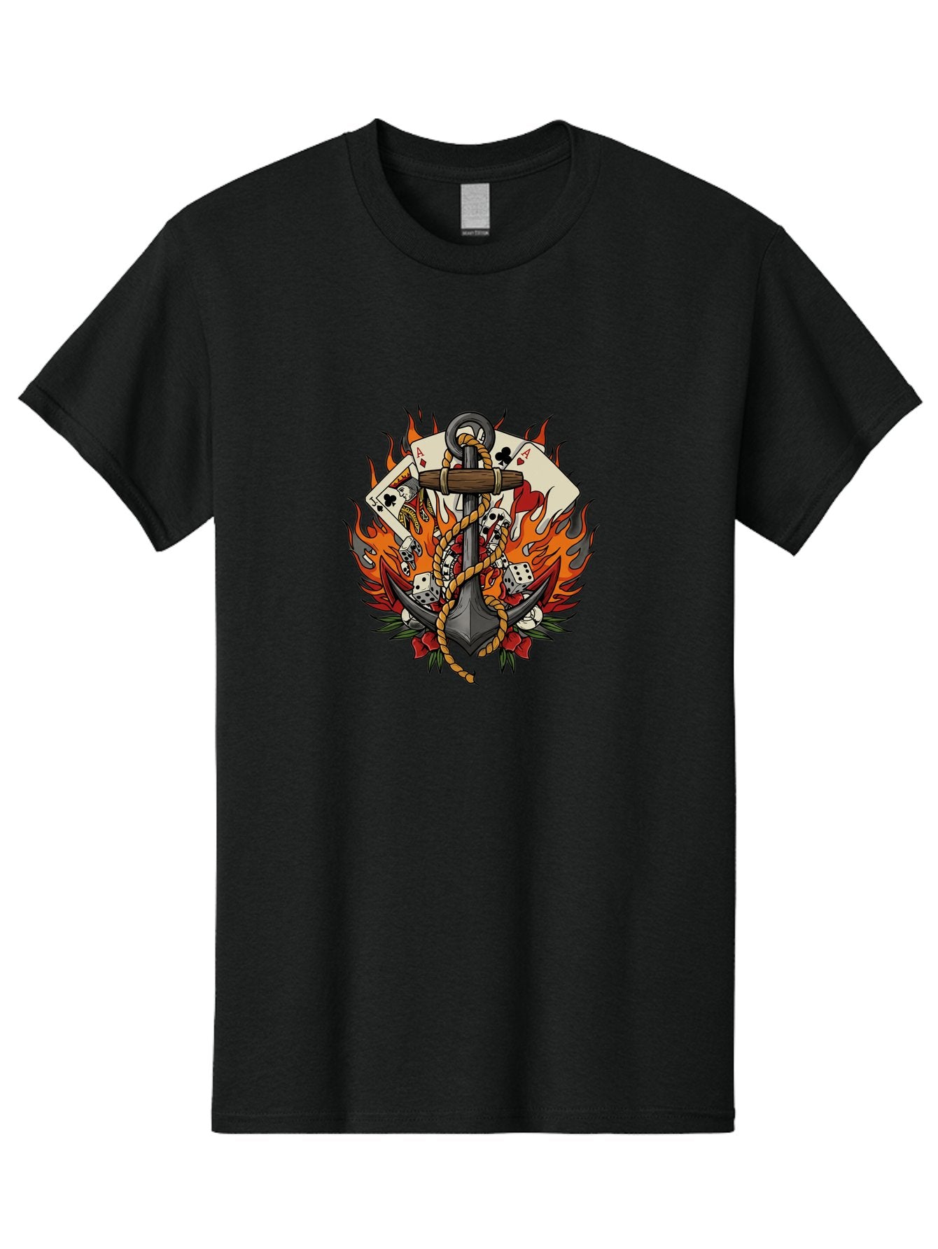 Flaming-Anchor Men'S Graphic Tee, 100% Cotton, Comfortable Casual Summer Wear, Machine Washable, Anchor With Rope, Playing Cards, Dice, Skulls, Fiery Flames, Tattoo Art, Nautical Theme, Casino Luck, Bold Design Bad099 14