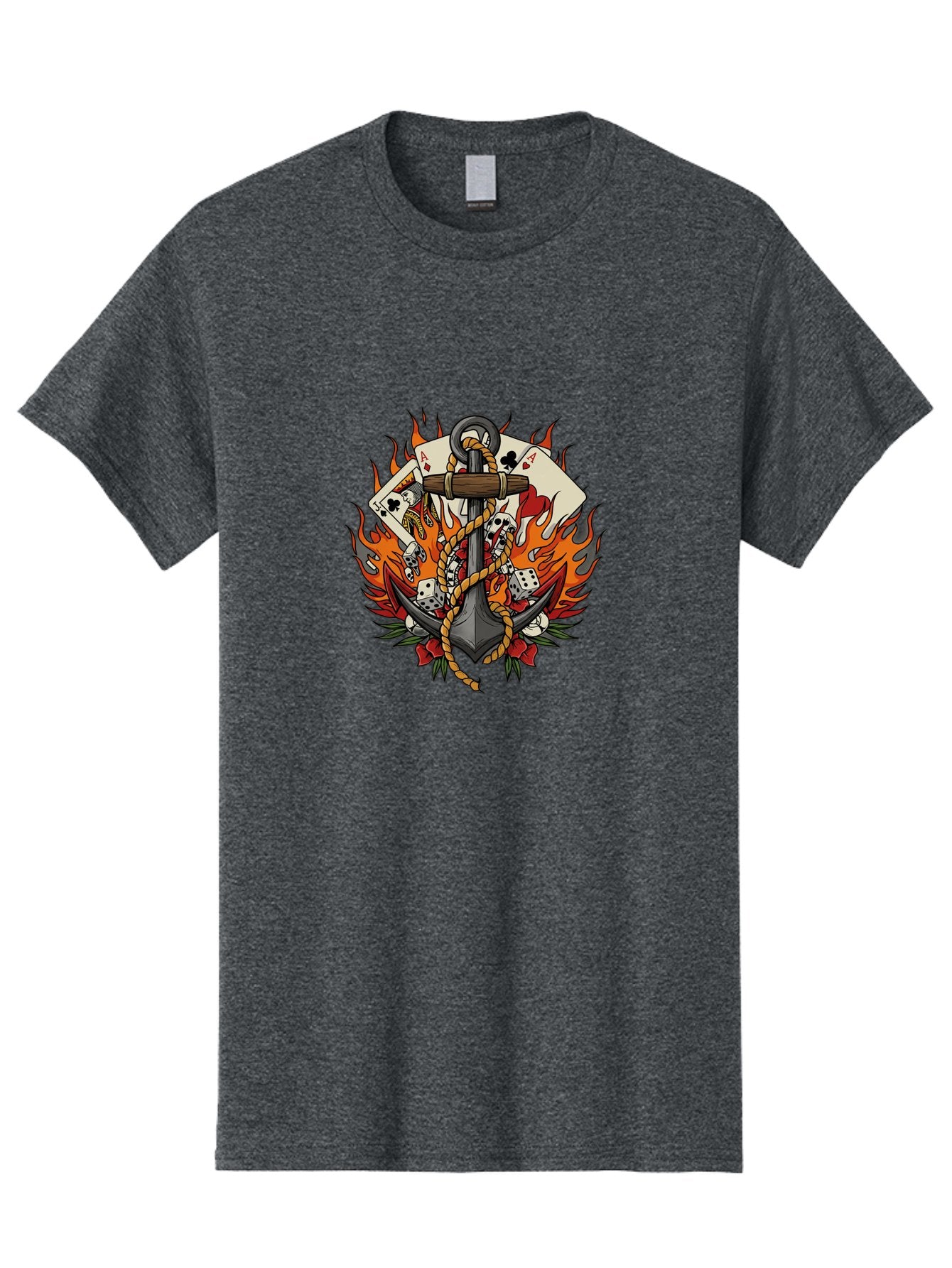 Flaming-Anchor Men'S Graphic Tee, 100% Cotton, Comfortable Casual Summer Wear, Machine Washable, Anchor With Rope, Playing Cards, Dice, Skulls, Fiery Flames, Tattoo Art, Nautical Theme, Casino Luck, Bold Design Bad099 6