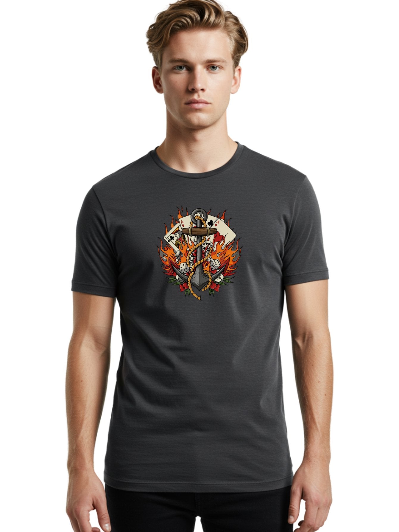 Flaming-Anchor Men'S Graphic Tee, 100% Cotton, Comfortable Casual Summer Wear, Machine Washable, Anchor With Rope, Playing Cards, Dice, Skulls, Fiery Flames, Tattoo Art, Nautical Theme, Casino Luck, Bold Design Bad099 24