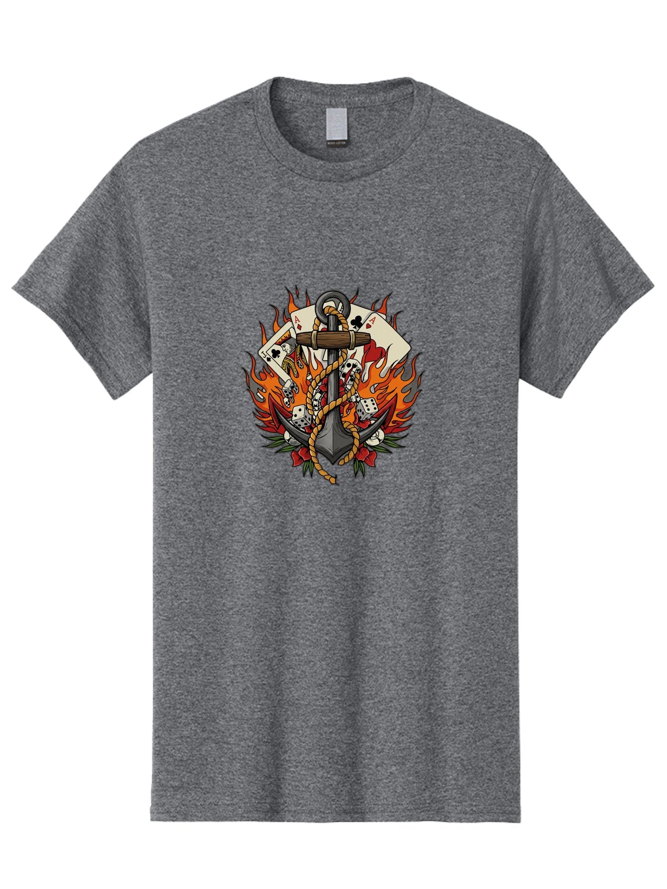 Flaming-Anchor Men'S Graphic Tee, 100% Cotton, Comfortable Casual Summer Wear, Machine Washable, Anchor With Rope, Playing Cards, Dice, Skulls, Fiery Flames, Tattoo Art, Nautical Theme, Casino Luck, Bold Design Bad099 3