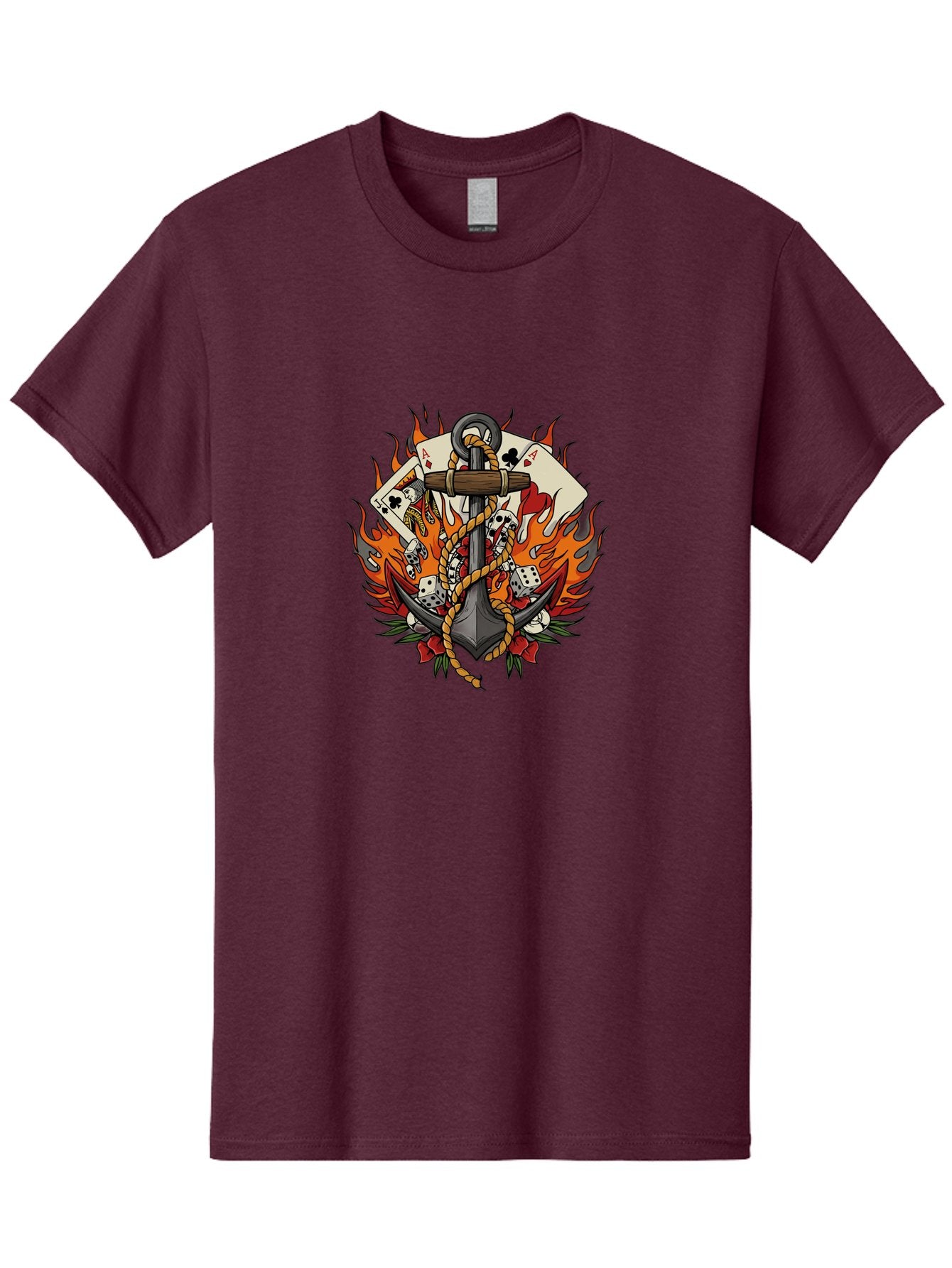 Flaming-Anchor Men'S Graphic Tee, 100% Cotton, Comfortable Casual Summer Wear, Machine Washable, Anchor With Rope, Playing Cards, Dice, Skulls, Fiery Flames, Tattoo Art, Nautical Theme, Casino Luck, Bold Design Bad099 9