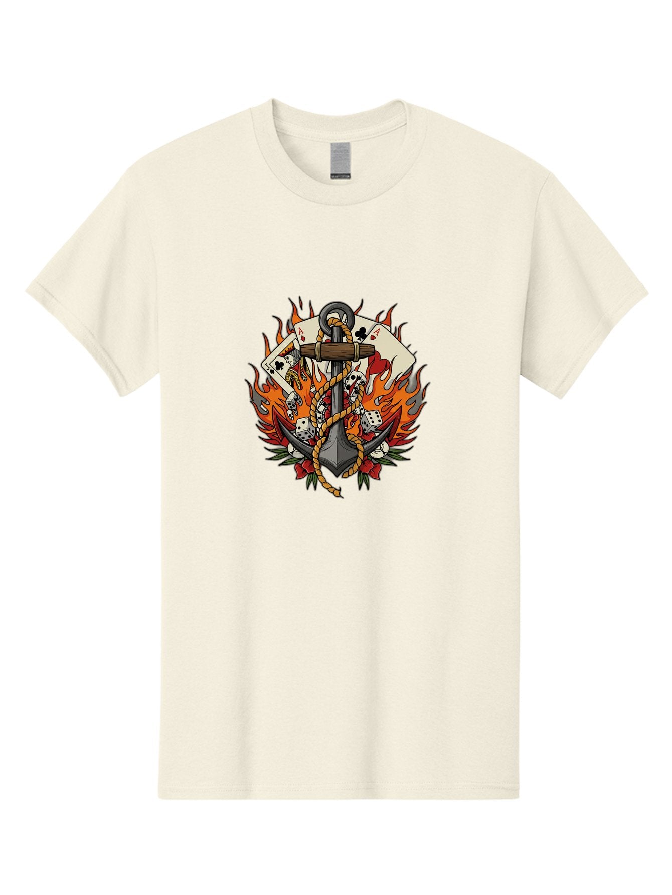 Flaming-Anchor Men'S Graphic Tee, 100% Cotton, Comfortable Casual Summer Wear, Machine Washable, Anchor With Rope, Playing Cards, Dice, Skulls, Fiery Flames, Tattoo Art, Nautical Theme, Casino Luck, Bold Design Bad099 11