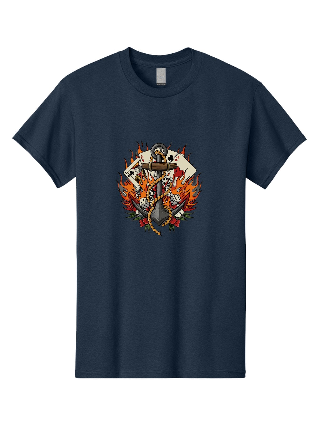 Flaming-Anchor Men'S Graphic Tee, 100% Cotton, Comfortable Casual Summer Wear, Machine Washable, Anchor With Rope, Playing Cards, Dice, Skulls, Fiery Flames, Tattoo Art, Nautical Theme, Casino Luck, Bold Design Bad099 13