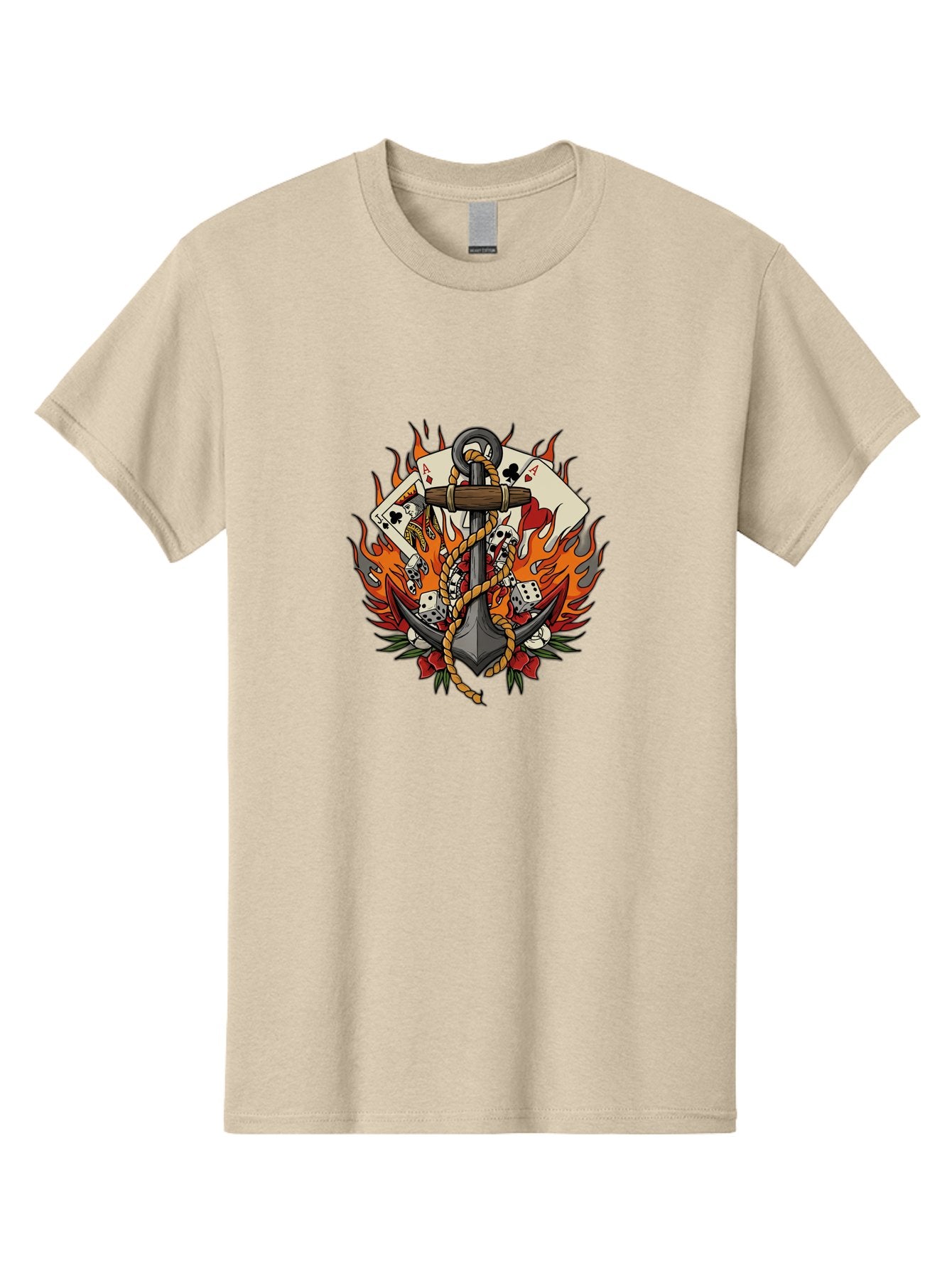 Flaming-Anchor Men'S Graphic Tee, 100% Cotton, Comfortable Casual Summer Wear, Machine Washable, Anchor With Rope, Playing Cards, Dice, Skulls, Fiery Flames, Tattoo Art, Nautical Theme, Casino Luck, Bold Design Bad099 10