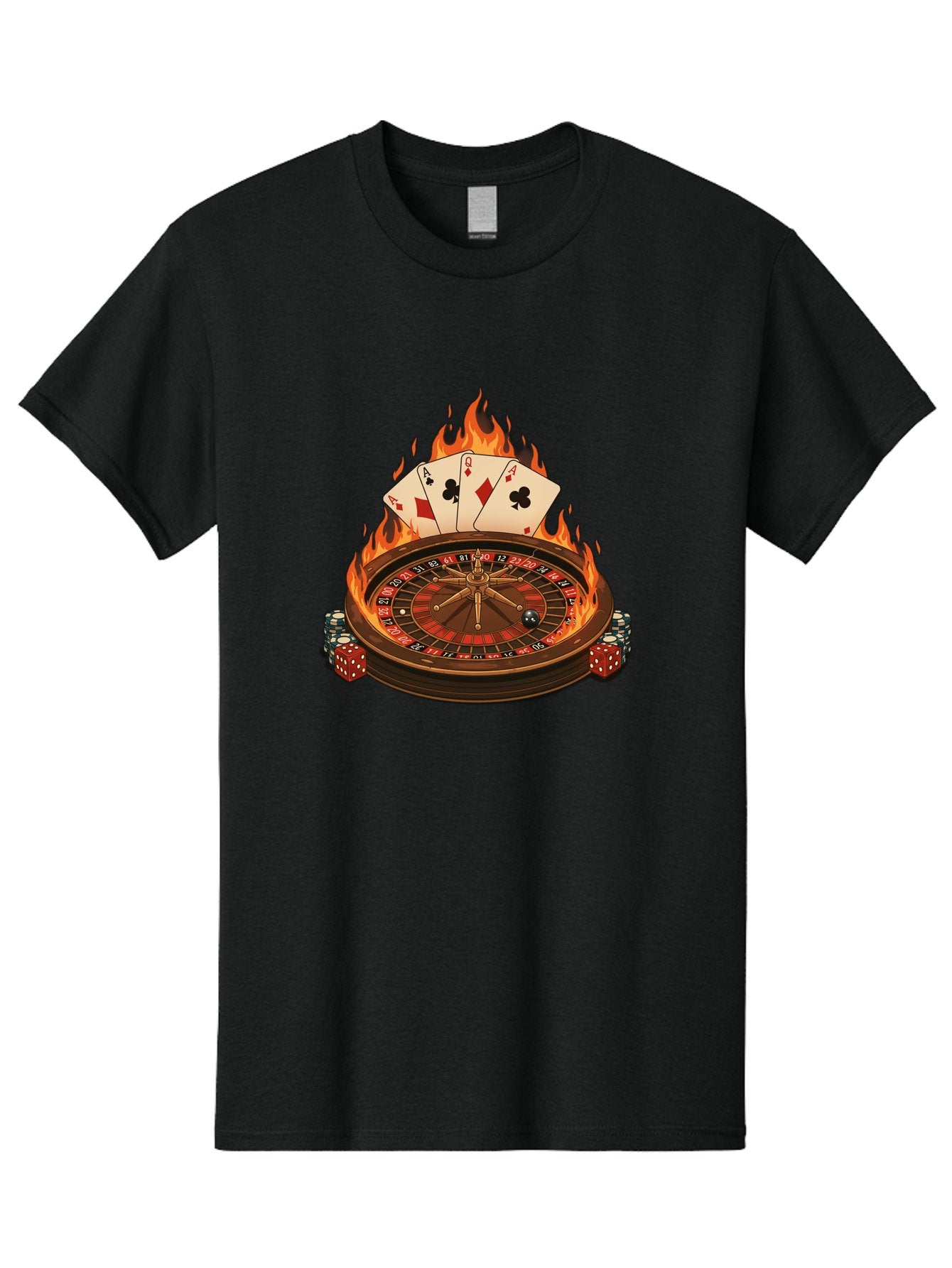 Flaming-Roulette Men'S Graphic Tee, 100% Cotton, Comfortable Casual Summer Wear, Machine Washable, Roulette Wheel, Casino Games, Playing Cards, Poker Chips, Flames, High Stakes, Game Of Chance, Betting, Casino Atmosphere, Luck Bad100
