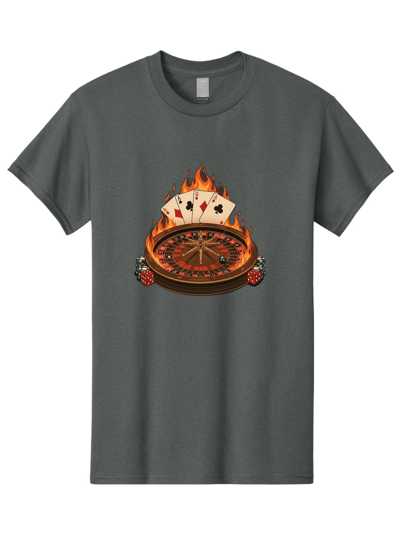 Flaming-Roulette Men'S Graphic Tee, 100% Cotton, Comfortable Casual Summer Wear, Machine Washable, Roulette Wheel, Casino Games, Playing Cards, Poker Chips, Flames, High Stakes, Game Of Chance, Betting, Casino Atmosphere, Luck Bad100 12
