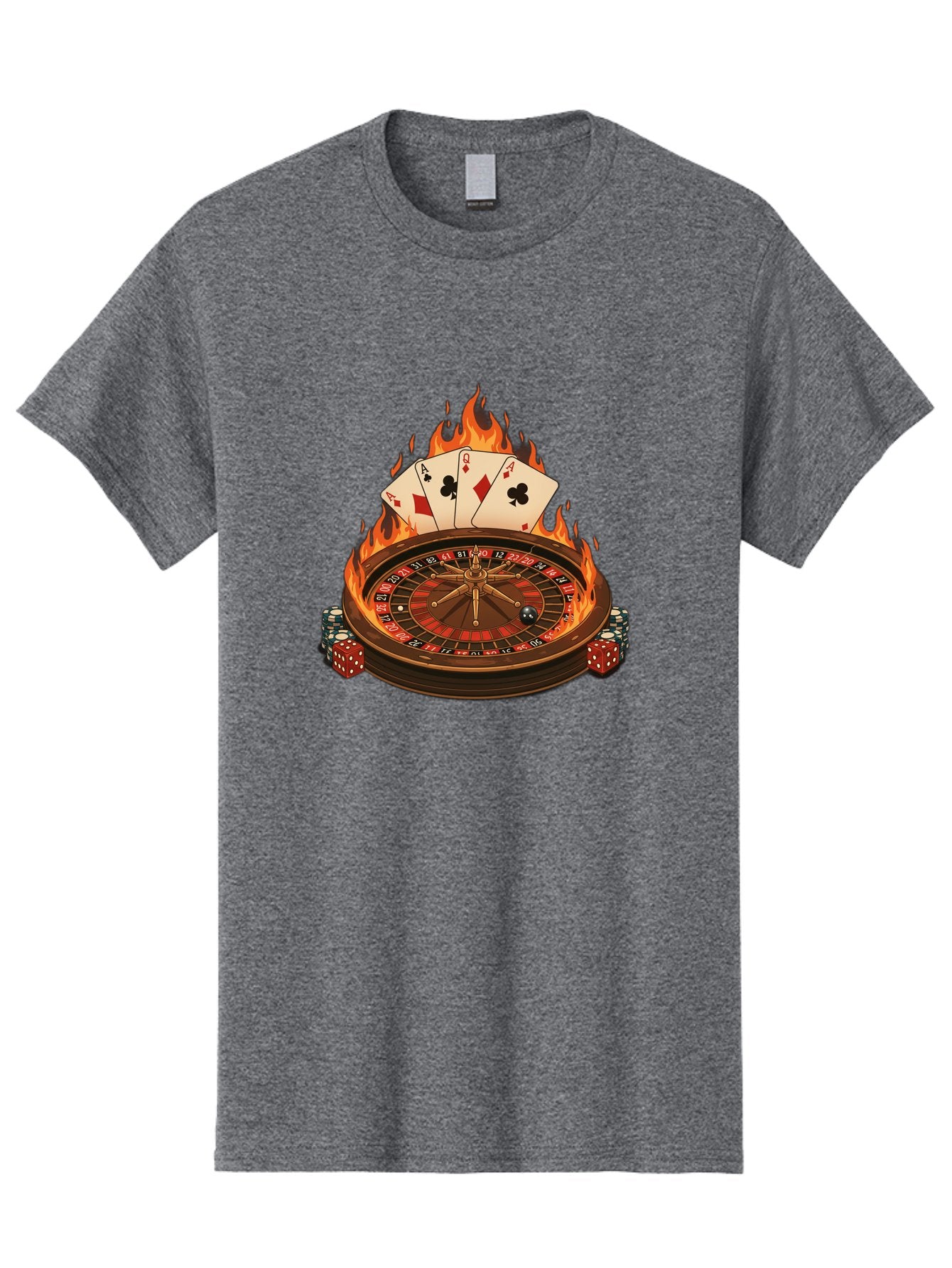 Flaming-Roulette Men'S Graphic Tee, 100% Cotton, Comfortable Casual Summer Wear, Machine Washable, Roulette Wheel, Casino Games, Playing Cards, Poker Chips, Flames, High Stakes, Game Of Chance, Betting, Casino Atmosphere, Luck Bad100