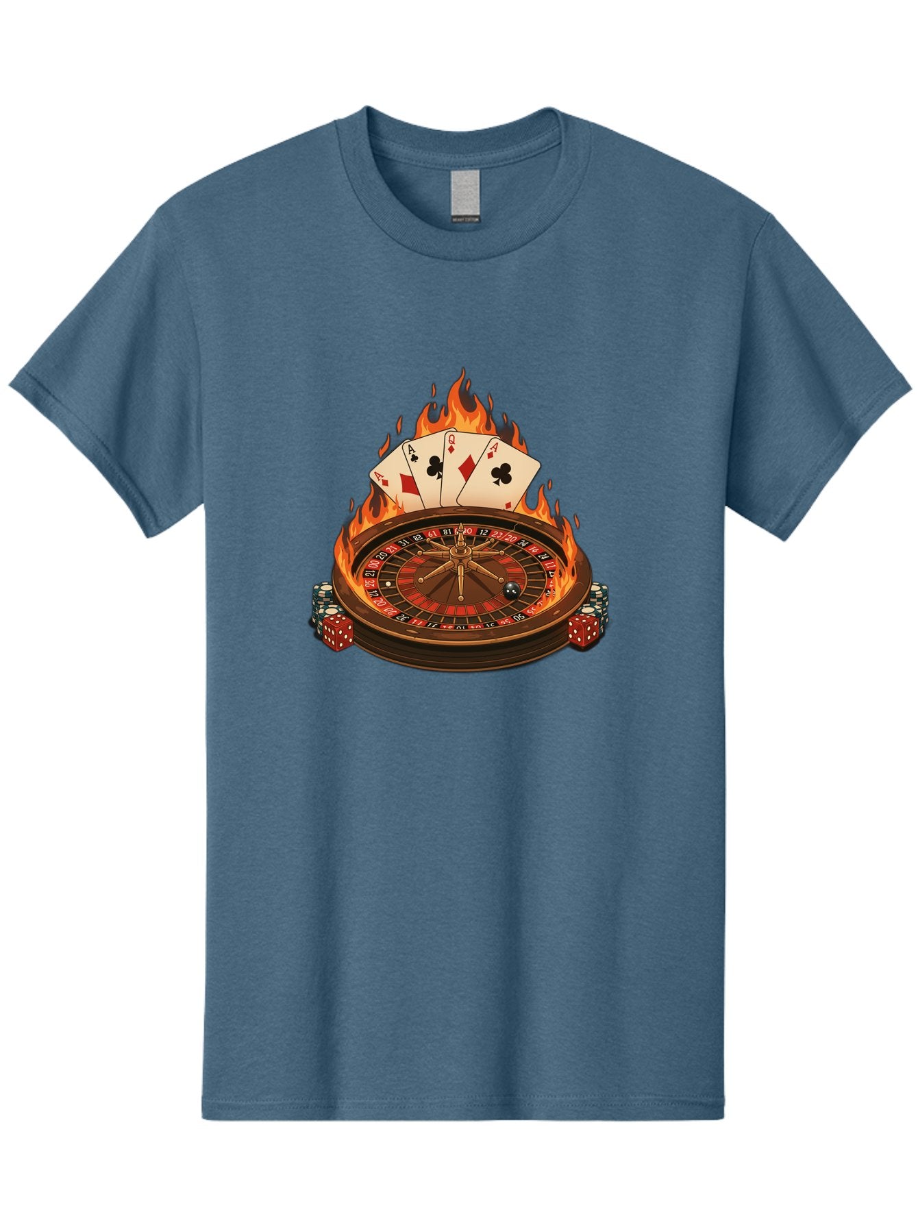 Flaming-Roulette Men'S Graphic Tee, 100% Cotton, Comfortable Casual Summer Wear, Machine Washable, Roulette Wheel, Casino Games, Playing Cards, Poker Chips, Flames, High Stakes, Game Of Chance, Betting, Casino Atmosphere, Luck Bad100 3