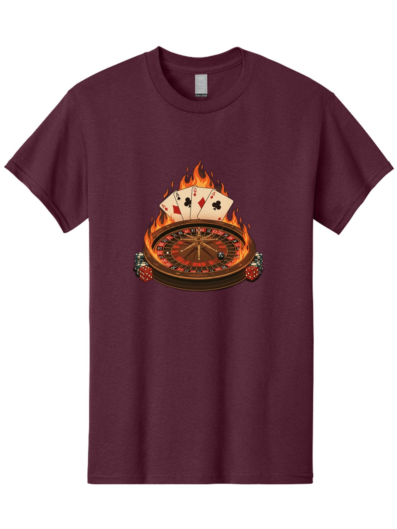 Flaming-Roulette Men'S Graphic Tee, 100% Cotton, Comfortable Casual Summer Wear, Machine Washable, Roulette Wheel, Casino Games, Playing Cards, Poker Chips, Flames, High Stakes, Game Of Chance, Betting, Casino Atmosphere, Luck Bad100 11
