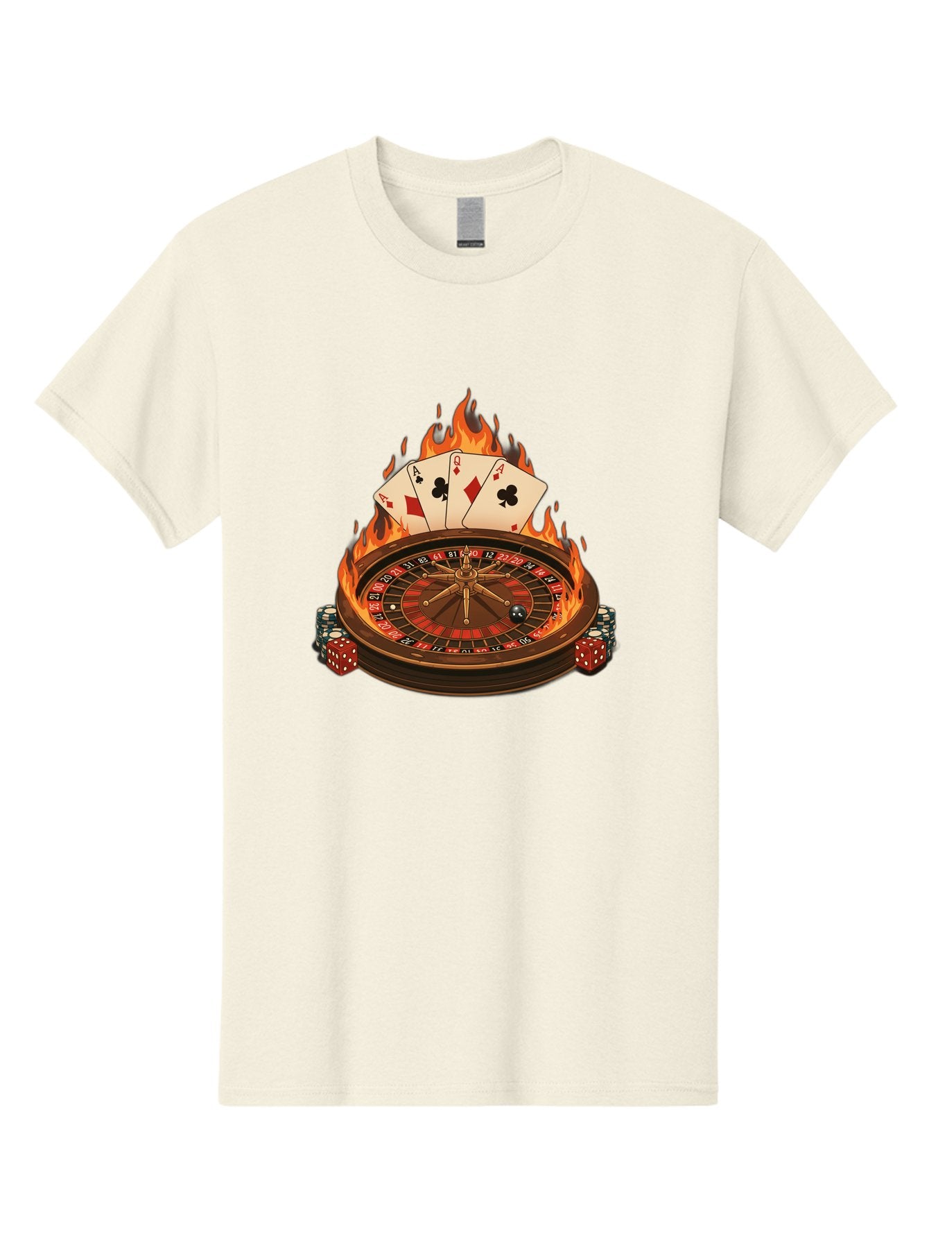 Flaming-Roulette Men'S Graphic Tee, 100% Cotton, Comfortable Casual Summer Wear, Machine Washable, Roulette Wheel, Casino Games, Playing Cards, Poker Chips, Flames, High Stakes, Game Of Chance, Betting, Casino Atmosphere, Luck Bad100 13