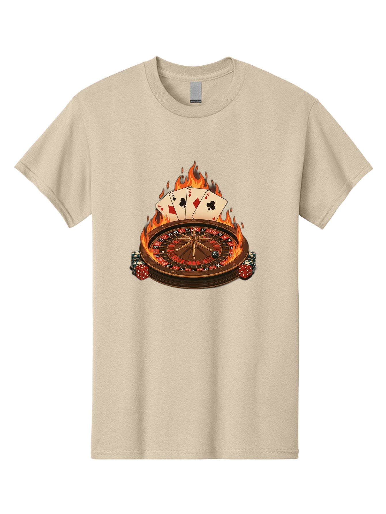 Flaming-Roulette Men'S Graphic Tee, 100% Cotton, Comfortable Casual Summer Wear, Machine Washable, Roulette Wheel, Casino Games, Playing Cards, Poker Chips, Flames, High Stakes, Game Of Chance, Betting, Casino Atmosphere, Luck Bad100 8