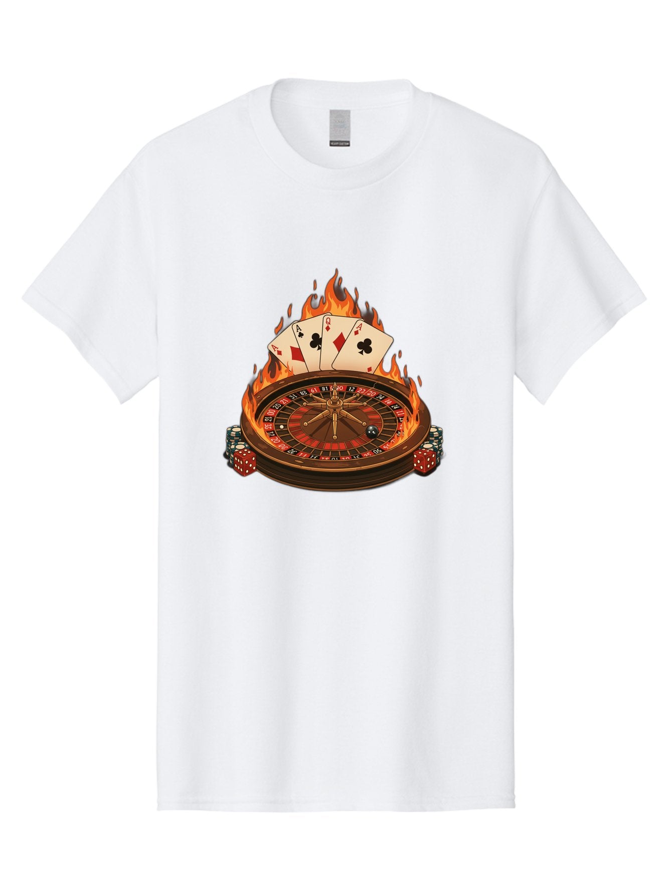 Flaming-Roulette Men'S Graphic Tee, 100% Cotton, Comfortable Casual Summer Wear, Machine Washable, Roulette Wheel, Casino Games, Playing Cards, Poker Chips, Flames, High Stakes, Game Of Chance, Betting, Casino Atmosphere, Luck Bad100 7