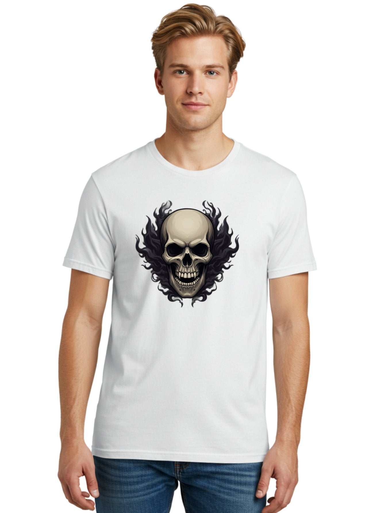 Flaming-Skull Men'S Graphic Tee, 100% Cotton, Comfortable Casual Summer Wear, Machine Washable, Skull With Flames, Grunge Style, Gothic Graphic, Horror Theme, Dark Art, Punk Rock, Edgy Design, Bold Imagery, Fiery Skull, Intense Graphics Bad101 25