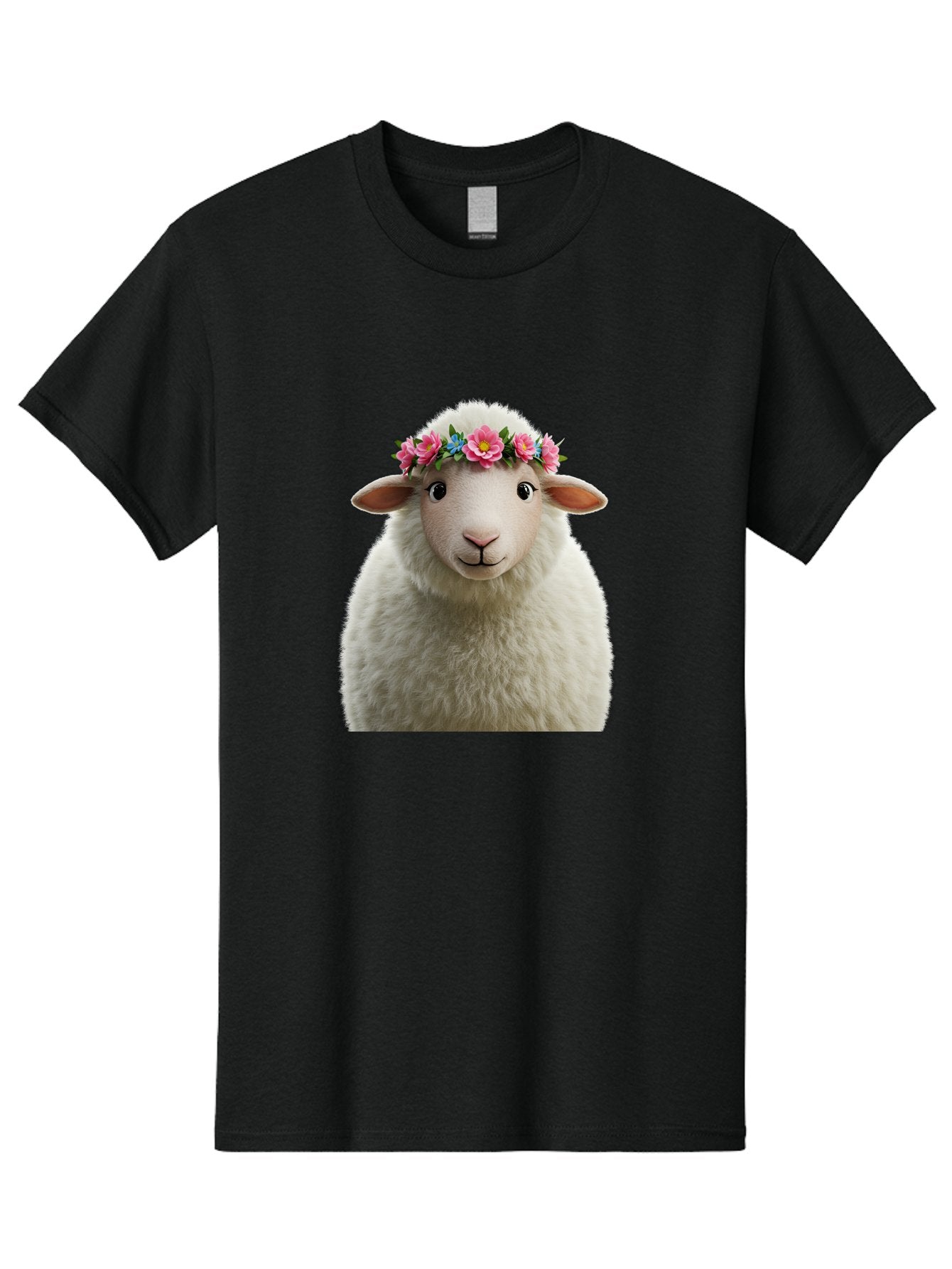 Floral-Sheep-Portrait Men'S Graphic Tee, 100% Cotton, Comfortable Casual Summer Wear, Machine Washable, White Sheep, Cartoon Sheep, Floral Crown, Pink Flowers, Blue Flowers, Cute Animal, Fluffy Fur, Friendly Face, Smiling Sheep, Spring Theme, Bad105 13