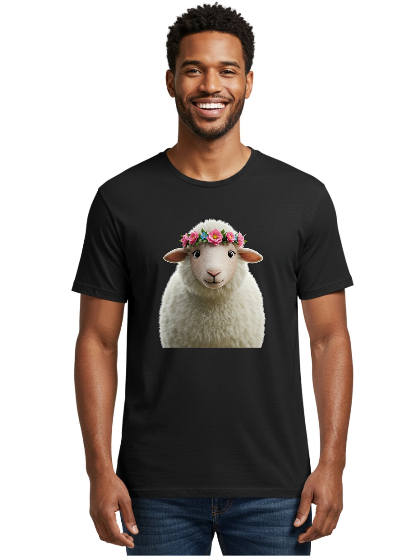 Floral-Sheep-Portrait Men'S Graphic Tee, 100% Cotton, Comfortable Casual Summer Wear, Machine Washable, White Sheep, Cartoon Sheep, Floral Crown, Pink Flowers, Blue Flowers, Cute Animal, Fluffy Fur, Friendly Face, Smiling Sheep, Spring Theme, Bad105 20