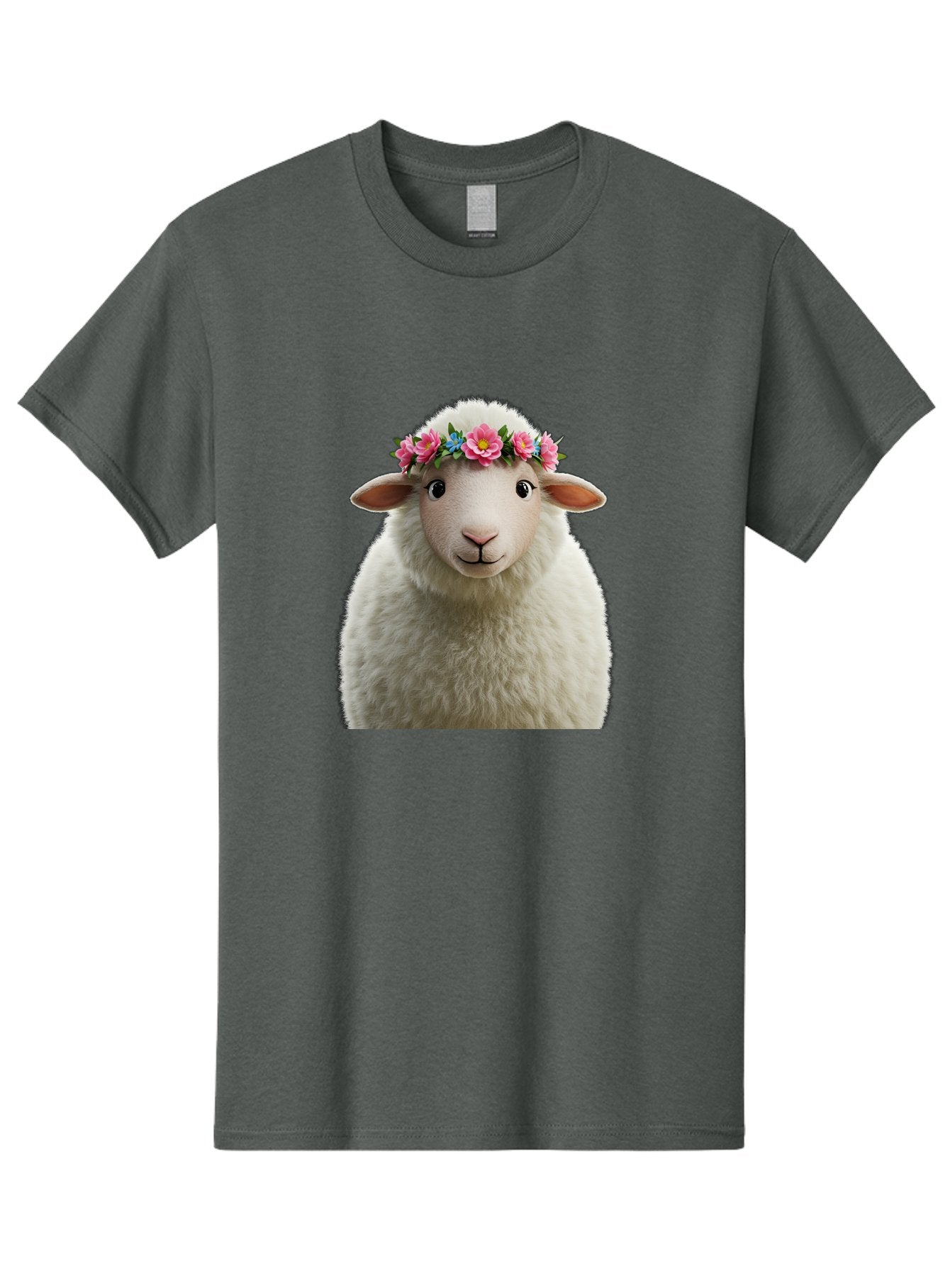 Floral-Sheep-Portrait Men'S Graphic Tee, 100% Cotton, Comfortable Casual Summer Wear, Machine Washable, White Sheep, Cartoon Sheep, Floral Crown, Pink Flowers, Blue Flowers, Cute Animal, Fluffy Fur, Friendly Face, Smiling Sheep, Spring Theme, Bad105 3