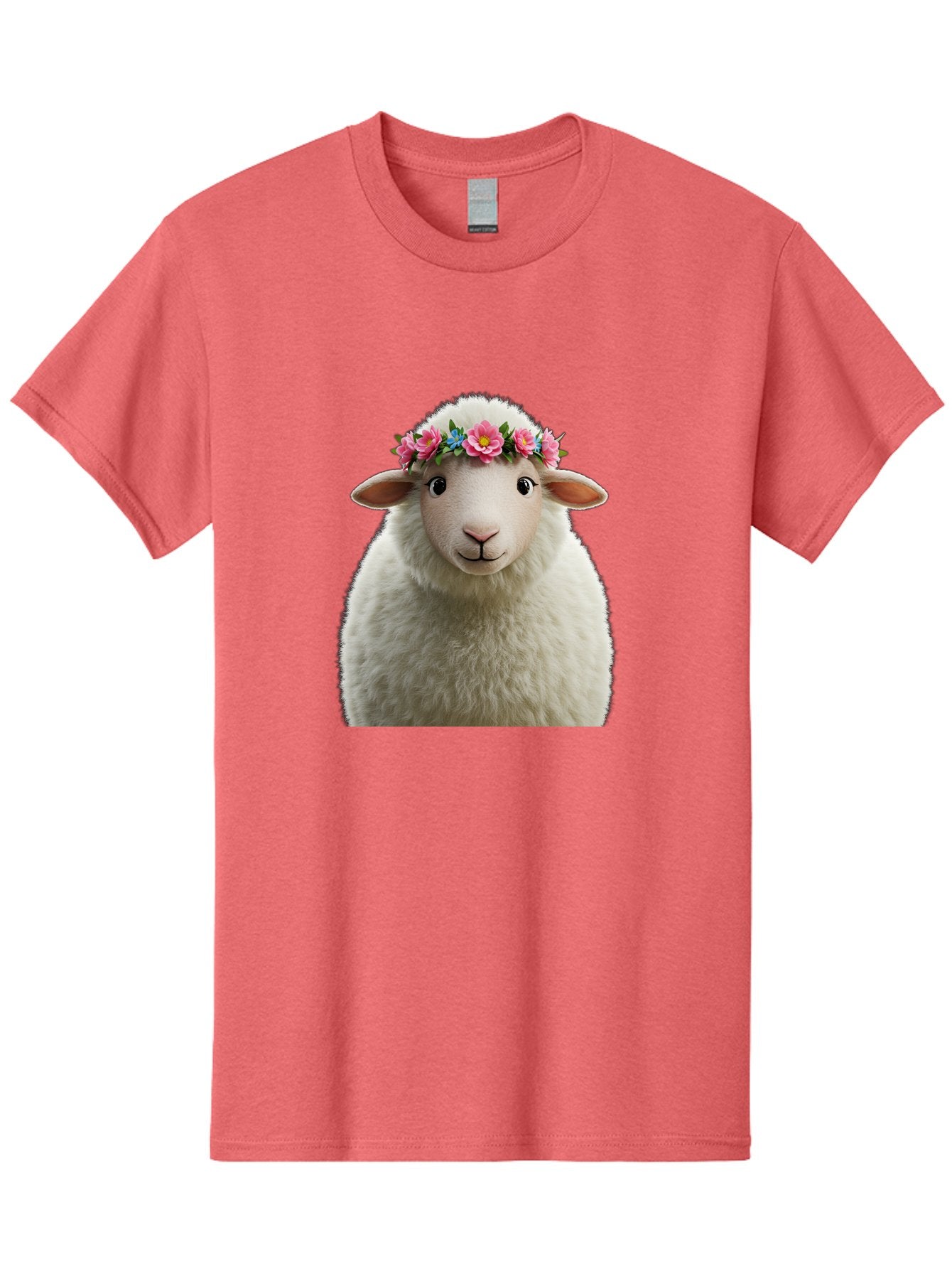 Floral-Sheep-Portrait Men'S Graphic Tee, 100% Cotton, Comfortable Casual Summer Wear, Machine Washable, White Sheep, Cartoon Sheep, Floral Crown, Pink Flowers, Blue Flowers, Cute Animal, Fluffy Fur, Friendly Face, Smiling Sheep, Spring Theme, Bad105 4