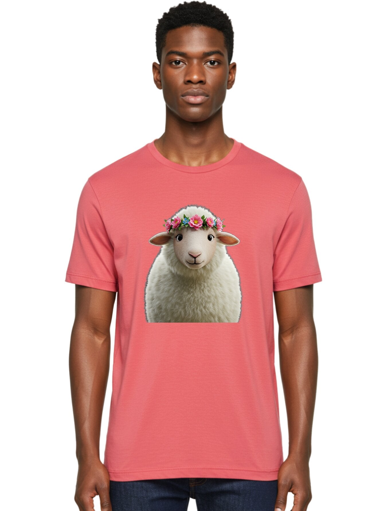 Floral-Sheep-Portrait Men'S Graphic Tee, 100% Cotton, Comfortable Casual Summer Wear, Machine Washable, White Sheep, Cartoon Sheep, Floral Crown, Pink Flowers, Blue Flowers, Cute Animal, Fluffy Fur, Friendly Face, Smiling Sheep, Spring Theme, Bad105 18