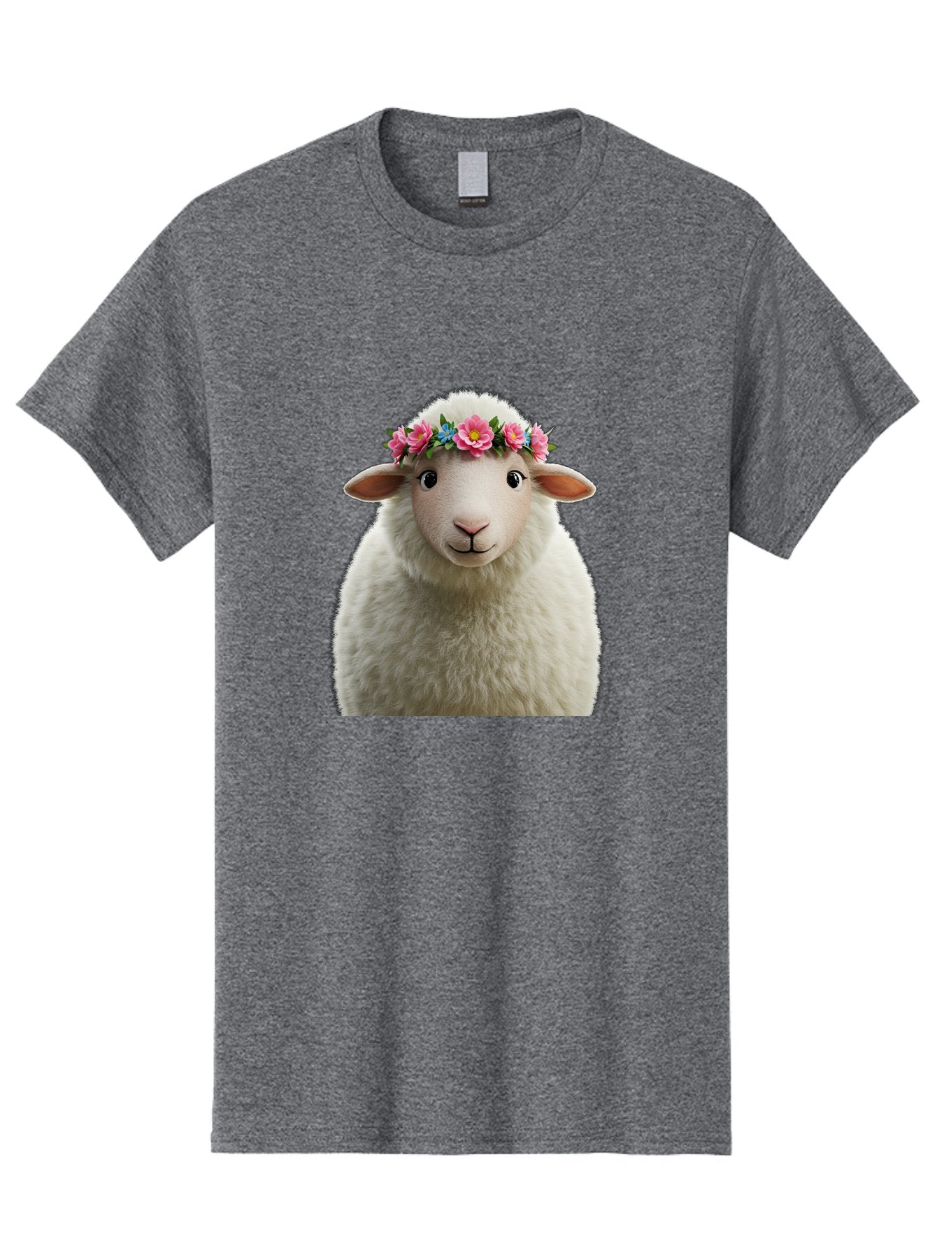 Floral-Sheep-Portrait Men'S Graphic Tee, 100% Cotton, Comfortable Casual Summer Wear, Machine Washable, White Sheep, Cartoon Sheep, Floral Crown, Pink Flowers, Blue Flowers, Cute Animal, Fluffy Fur, Friendly Face, Smiling Sheep, Spring Theme, Bad105 9