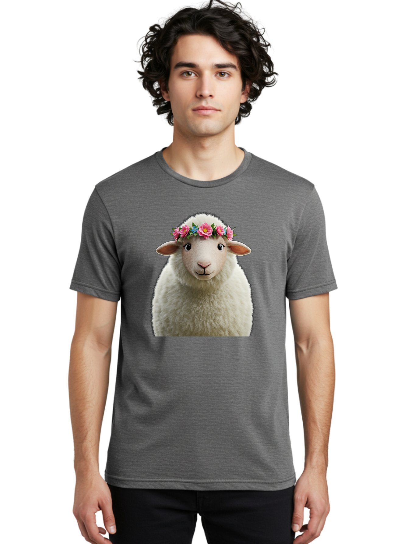 Floral-Sheep-Portrait Men'S Graphic Tee, 100% Cotton, Comfortable Casual Summer Wear, Machine Washable, White Sheep, Cartoon Sheep, Floral Crown, Pink Flowers, Blue Flowers, Cute Animal, Fluffy Fur, Friendly Face, Smiling Sheep, Spring Theme, Bad105 26