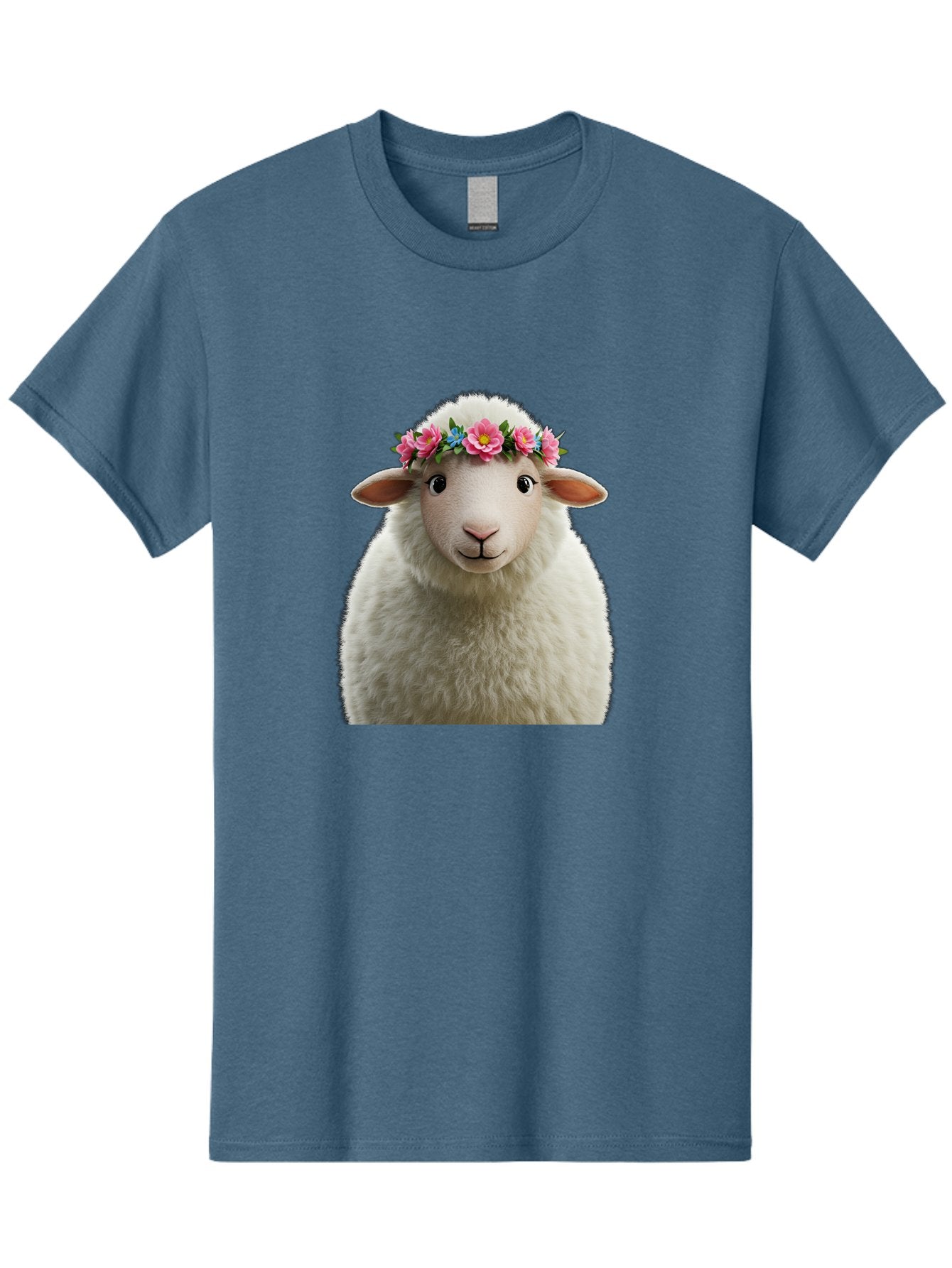 Floral-Sheep-Portrait Men'S Graphic Tee, 100% Cotton, Comfortable Casual Summer Wear, Machine Washable, White Sheep, Cartoon Sheep, Floral Crown, Pink Flowers, Blue Flowers, Cute Animal, Fluffy Fur, Friendly Face, Smiling Sheep, Spring Theme, Bad105 11