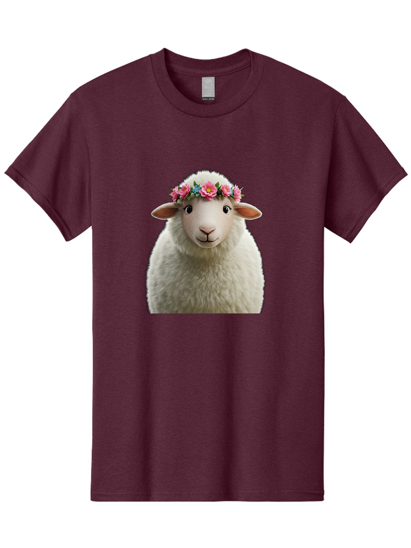 Floral-Sheep-Portrait Men'S Graphic Tee, 100% Cotton, Comfortable Casual Summer Wear, Machine Washable, White Sheep, Cartoon Sheep, Floral Crown, Pink Flowers, Blue Flowers, Cute Animal, Fluffy Fur, Friendly Face, Smiling Sheep, Spring Theme, Bad105 6
