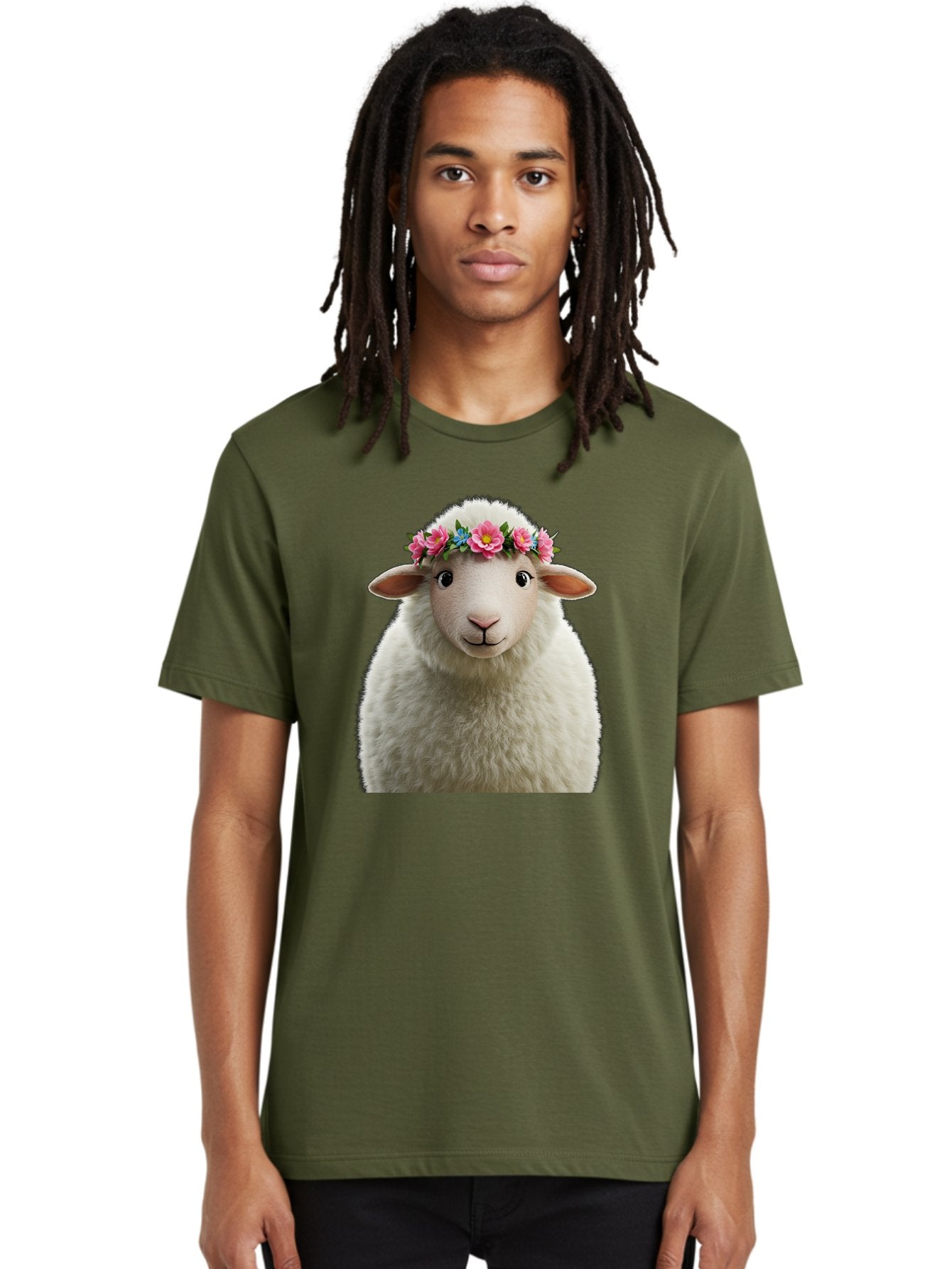 Floral-Sheep-Portrait Men'S Graphic Tee, 100% Cotton, Comfortable Casual Summer Wear, Machine Washable, White Sheep, Cartoon Sheep, Floral Crown, Pink Flowers, Blue Flowers, Cute Animal, Fluffy Fur, Friendly Face, Smiling Sheep, Spring Theme, Bad105 17