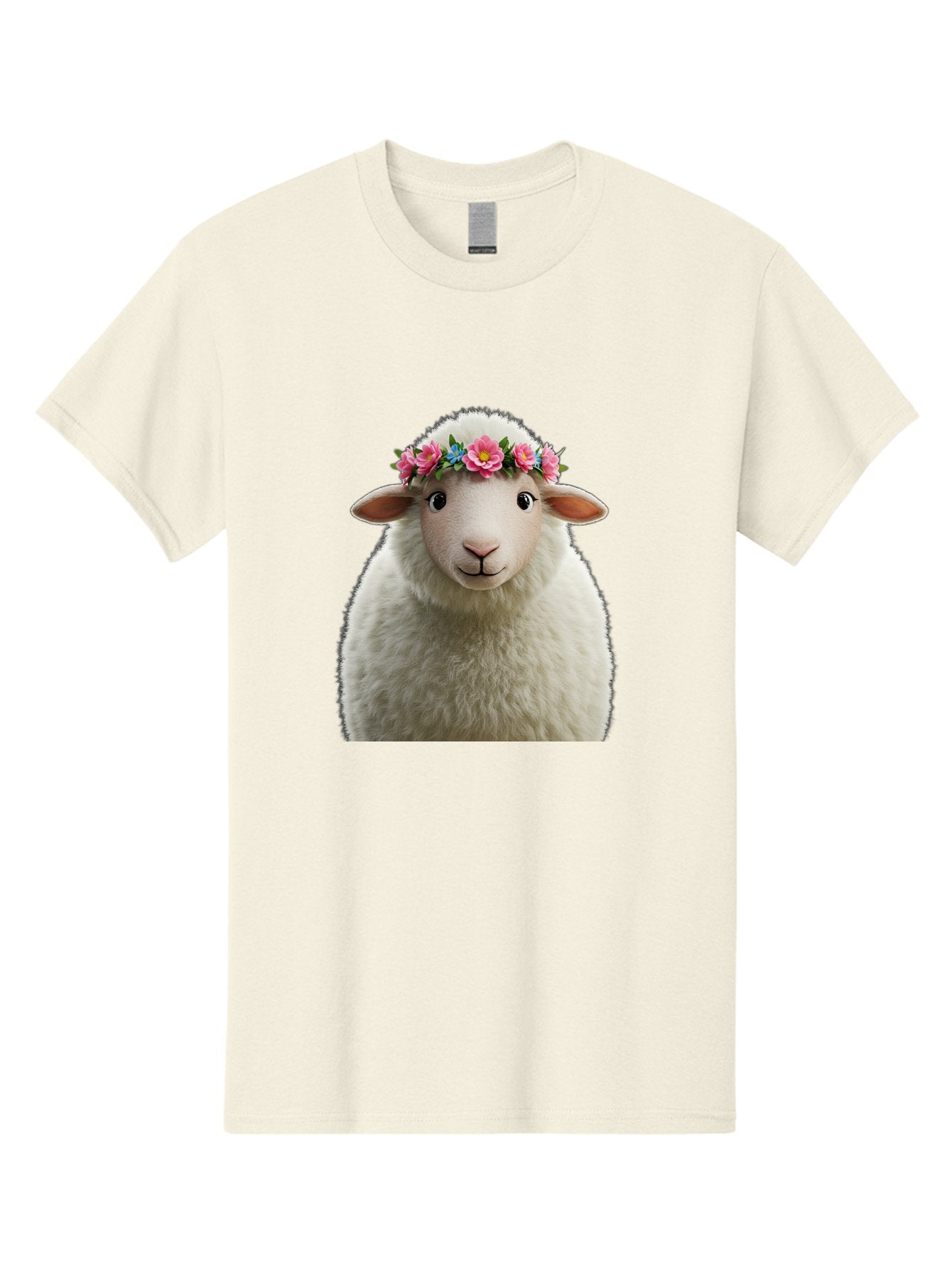 Floral-Sheep-Portrait Men'S Graphic Tee, 100% Cotton, Comfortable Casual Summer Wear, Machine Washable, White Sheep, Cartoon Sheep, Floral Crown, Pink Flowers, Blue Flowers, Cute Animal, Fluffy Fur, Friendly Face, Smiling Sheep, Spring Theme, Bad105 14