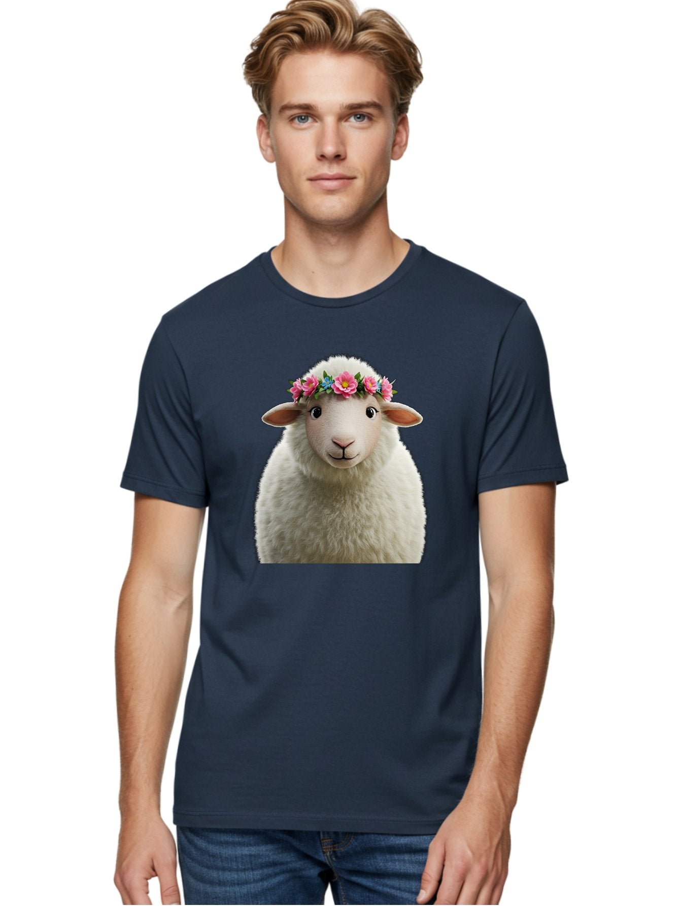 Floral-Sheep-Portrait Men'S Graphic Tee, 100% Cotton, Comfortable Casual Summer Wear, Machine Washable, White Sheep, Cartoon Sheep, Floral Crown, Pink Flowers, Blue Flowers, Cute Animal, Fluffy Fur, Friendly Face, Smiling Sheep, Spring Theme, Bad105 23