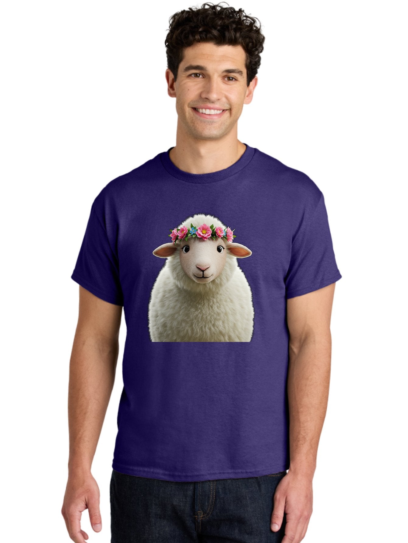 Floral-Sheep-Portrait Men'S Graphic Tee, 100% Cotton, Comfortable Casual Summer Wear, Machine Washable, White Sheep, Cartoon Sheep, Floral Crown, Pink Flowers, Blue Flowers, Cute Animal, Fluffy Fur, Friendly Face, Smiling Sheep, Spring Theme, Bad105 21