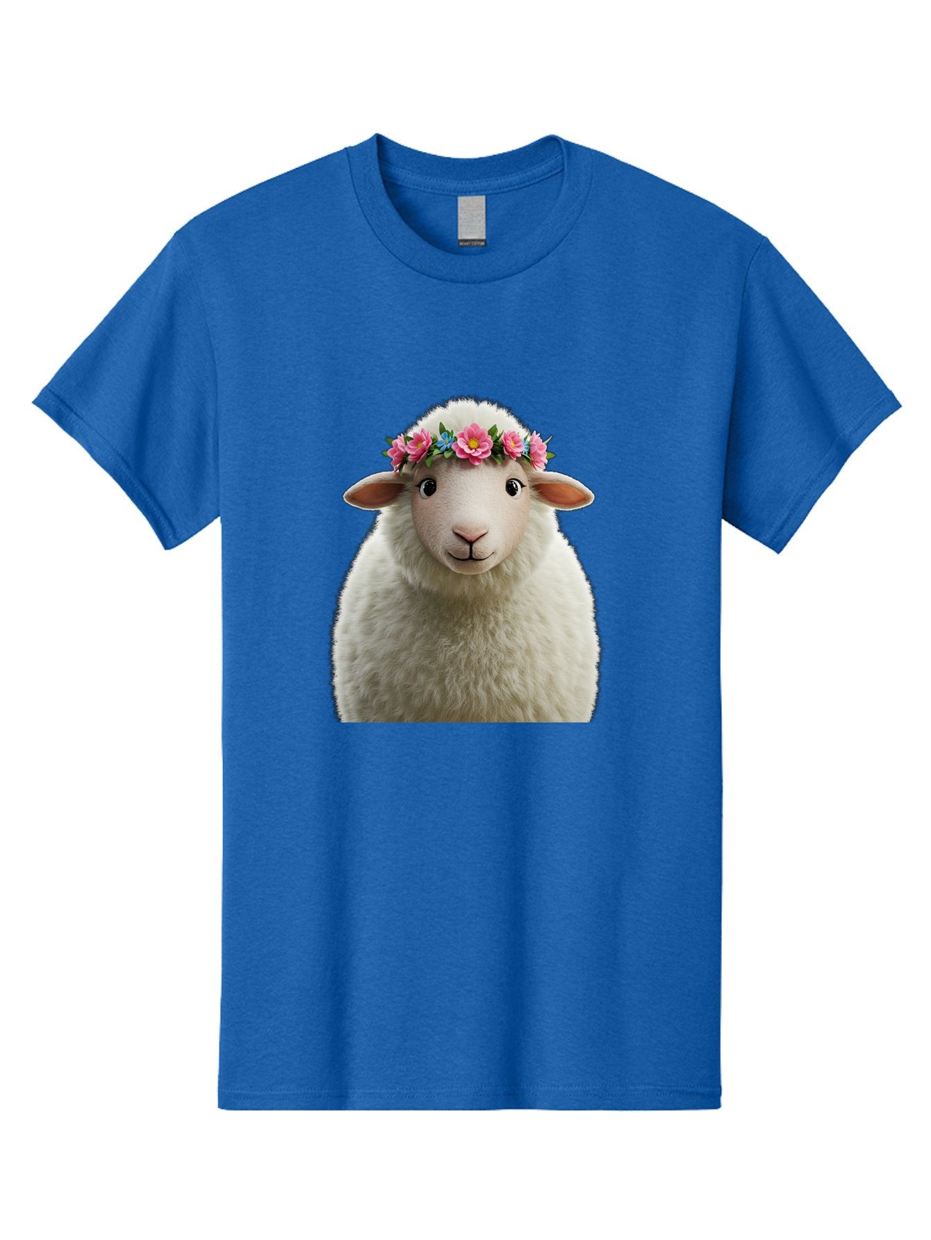 Floral-Sheep-Portrait Men'S Graphic Tee, 100% Cotton, Comfortable Casual Summer Wear, Machine Washable, White Sheep, Cartoon Sheep, Floral Crown, Pink Flowers, Blue Flowers, Cute Animal, Fluffy Fur, Friendly Face, Smiling Sheep, Spring Theme, Bad105 7